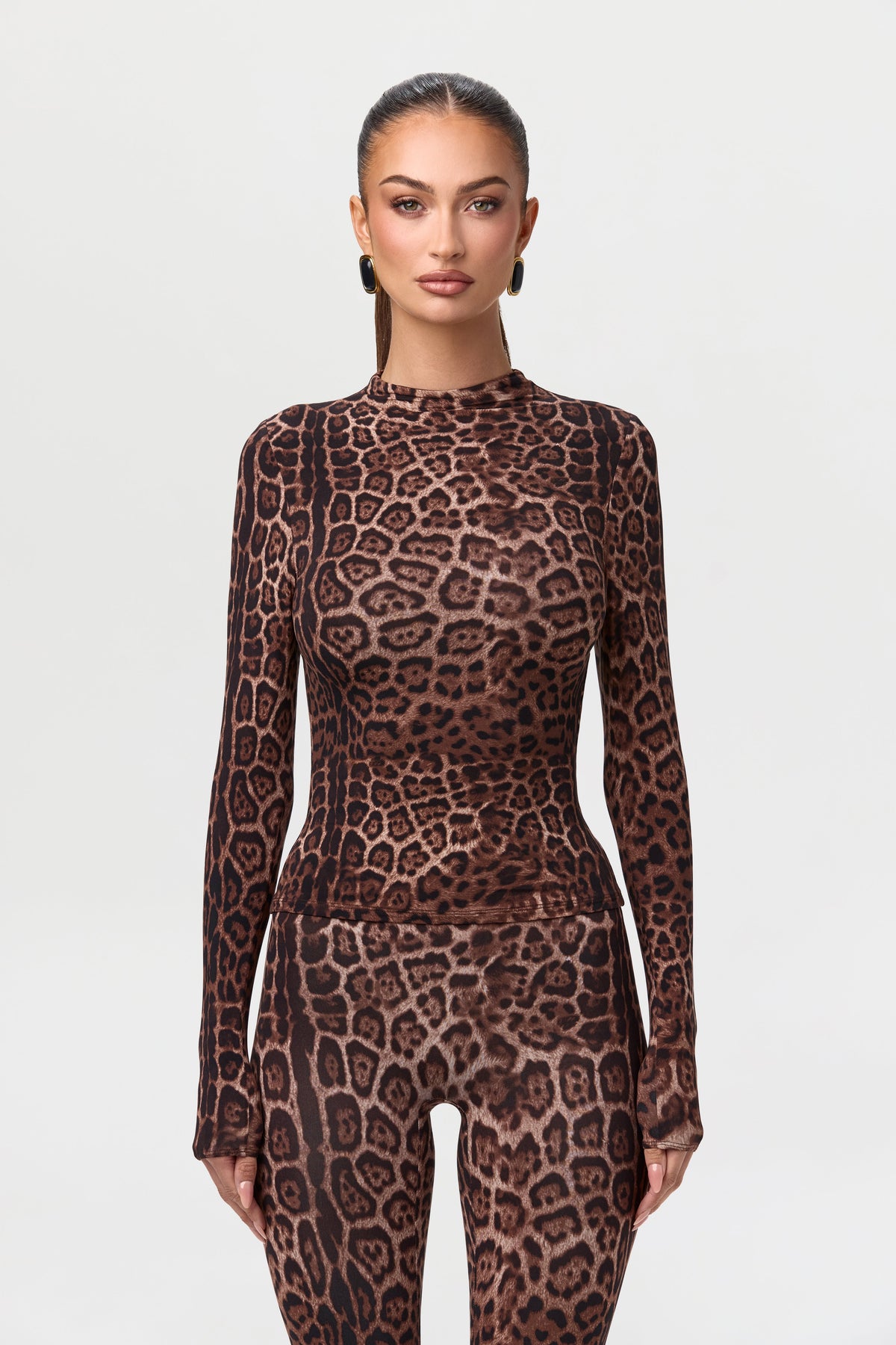 Brown Leopard Naked Print Mock Neck Top