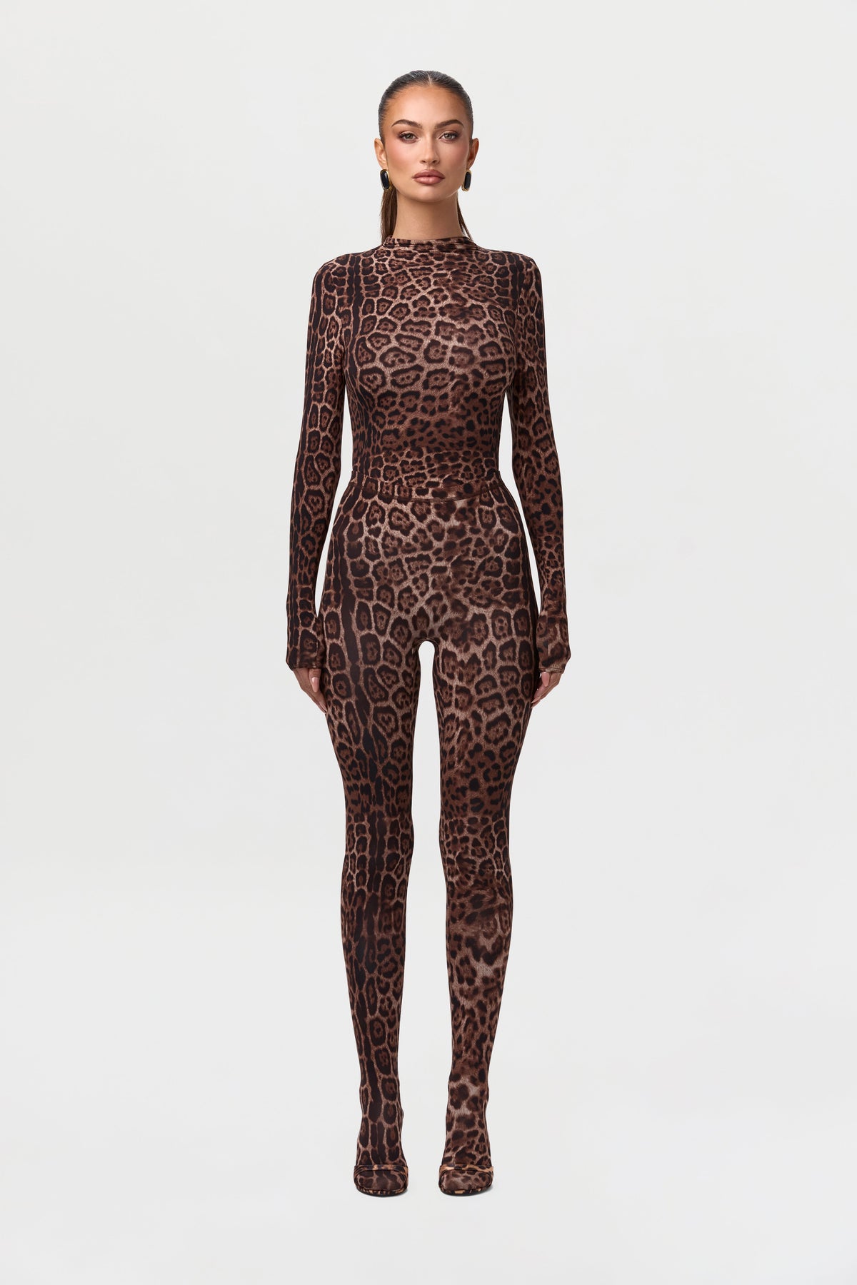 Brown Leopard Naked Print Mock Neck Top