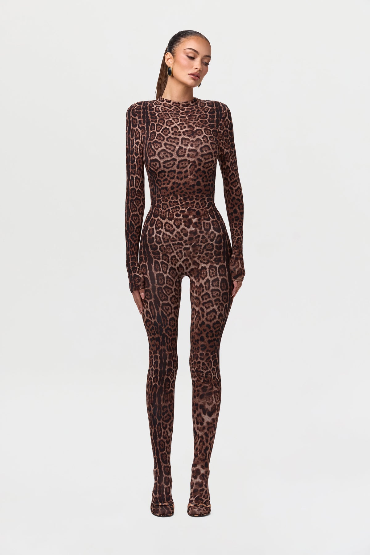 Brown Leopard Naked Print Mock Neck Top