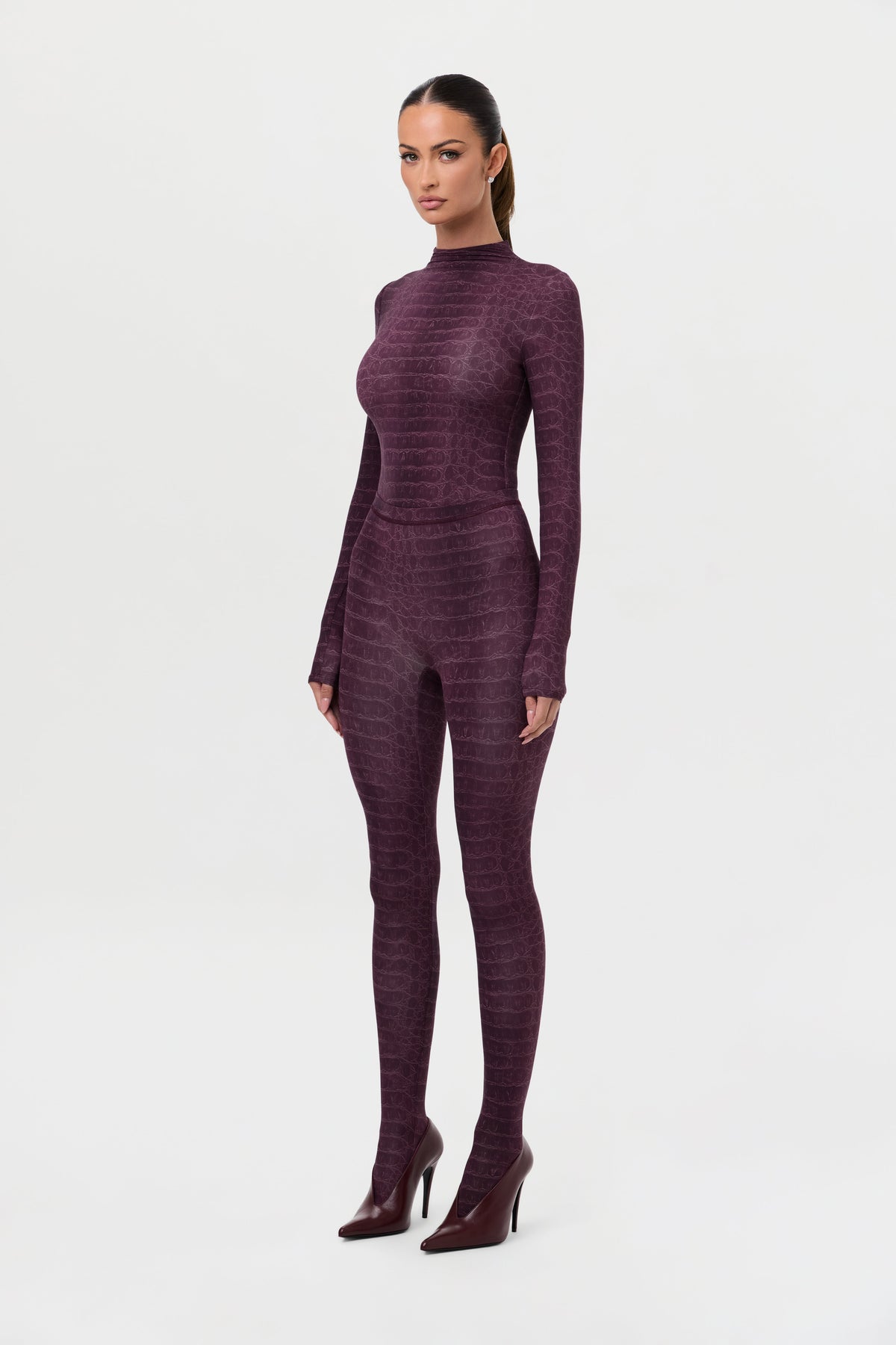 Dark Plum Crocodile Naked Print Mock Neck Top