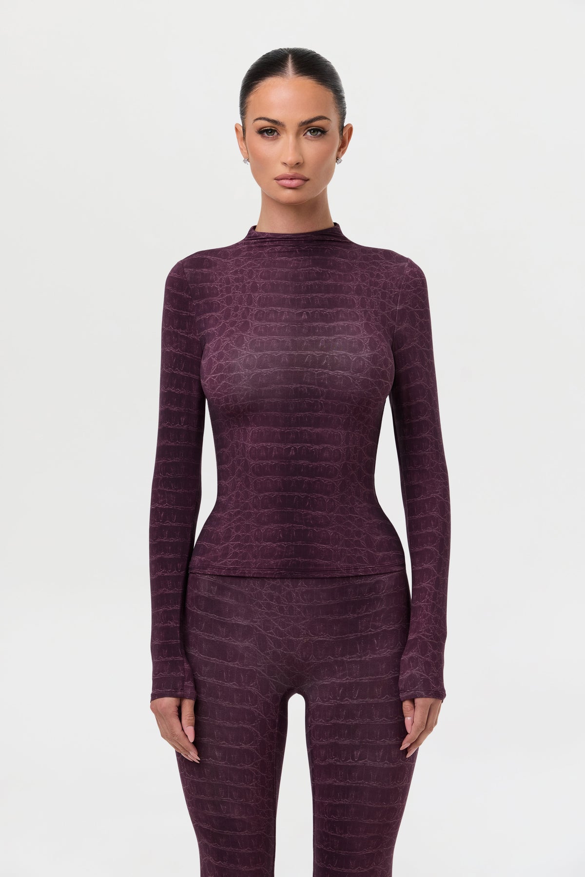 Dark Plum Crocodile Naked Print Mock Neck Top