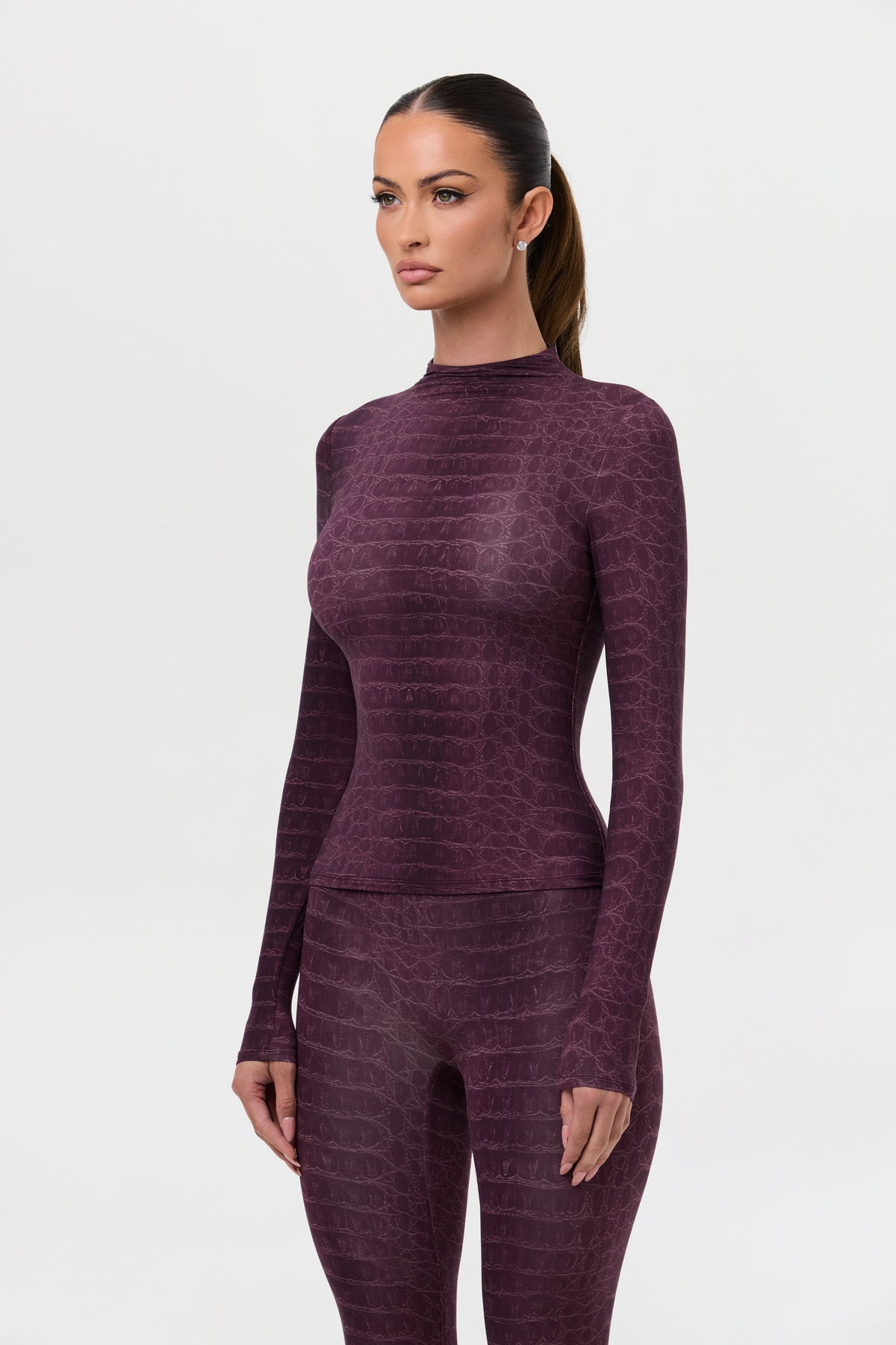 Dark Plum Crocodile Naked Print Mock Neck Top