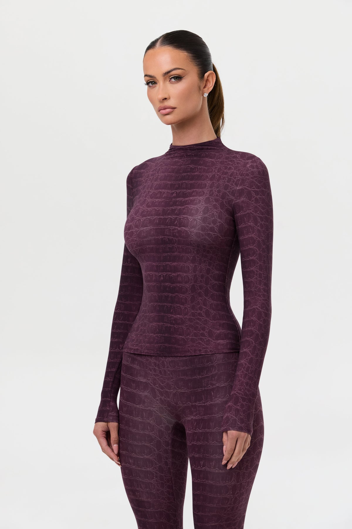 Dark Plum Crocodile Naked Print Mock Neck Top