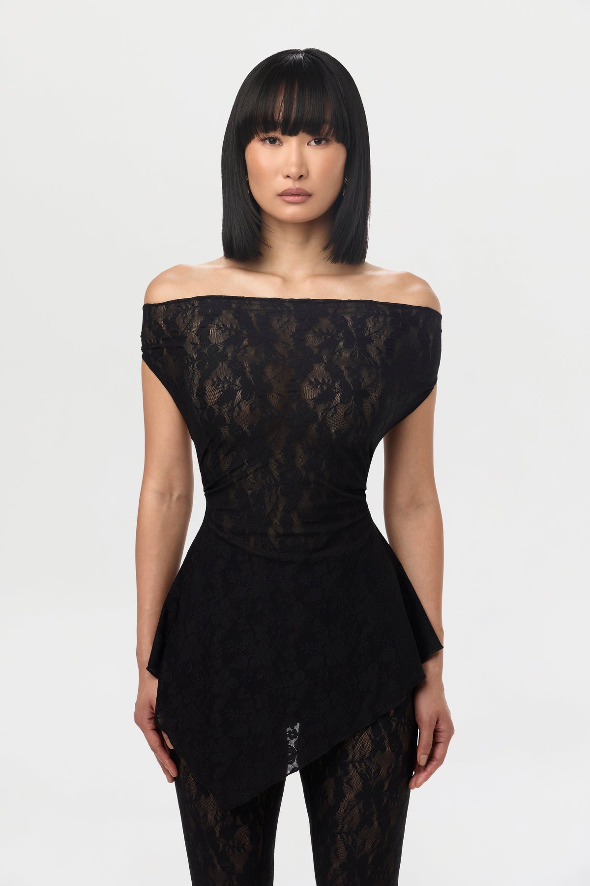 Black Stretch Lace Off-Shoulder Top