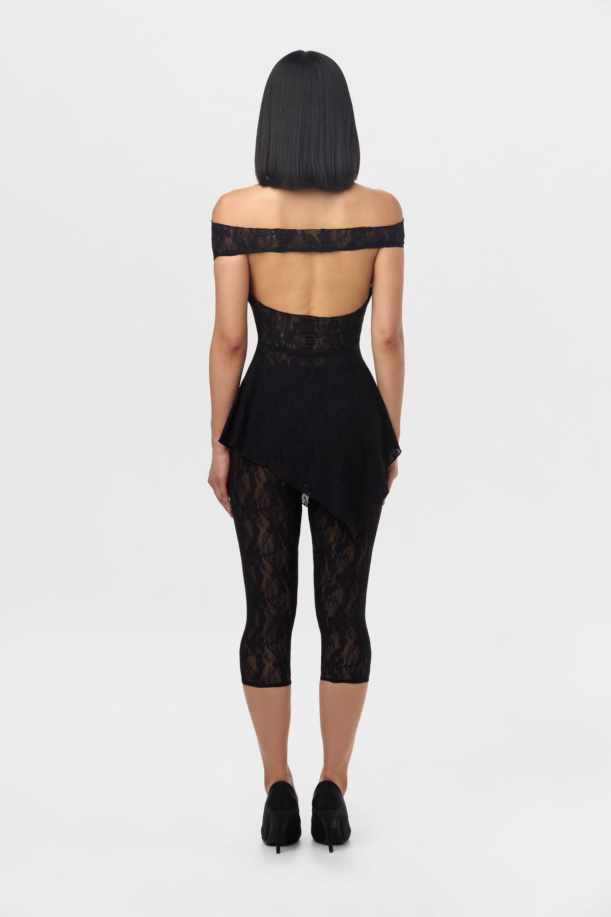 Black Stretch Lace Off-Shoulder Top