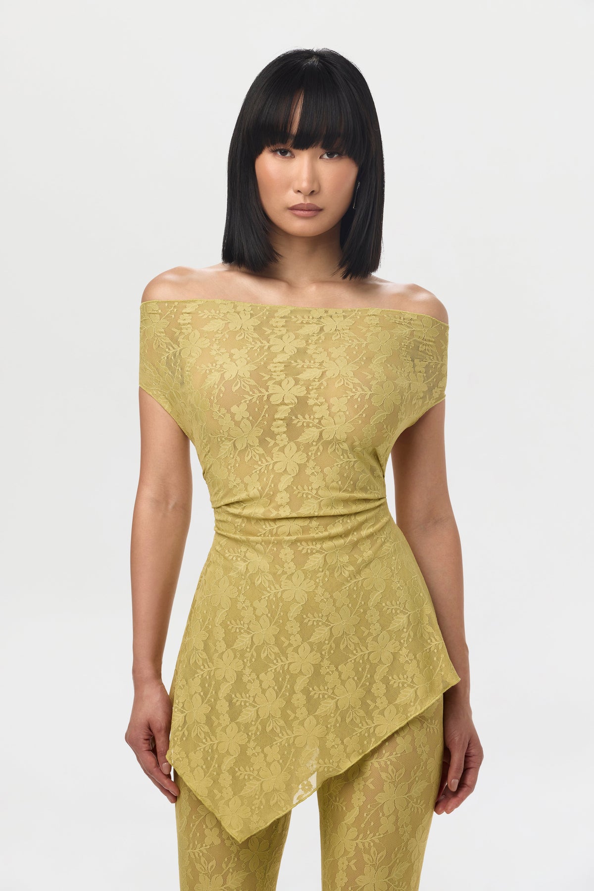 Chartreuse Stretch Lace Off-Shoulder Top
