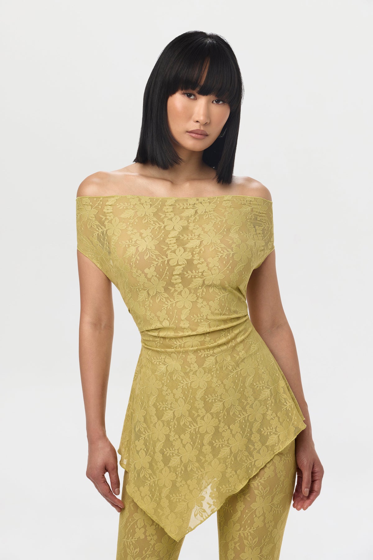 Chartreuse Stretch Lace Off-Shoulder Top