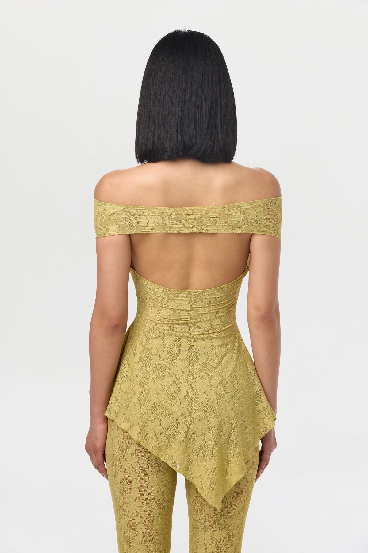 Chartreuse Stretch Lace Off-Shoulder Top