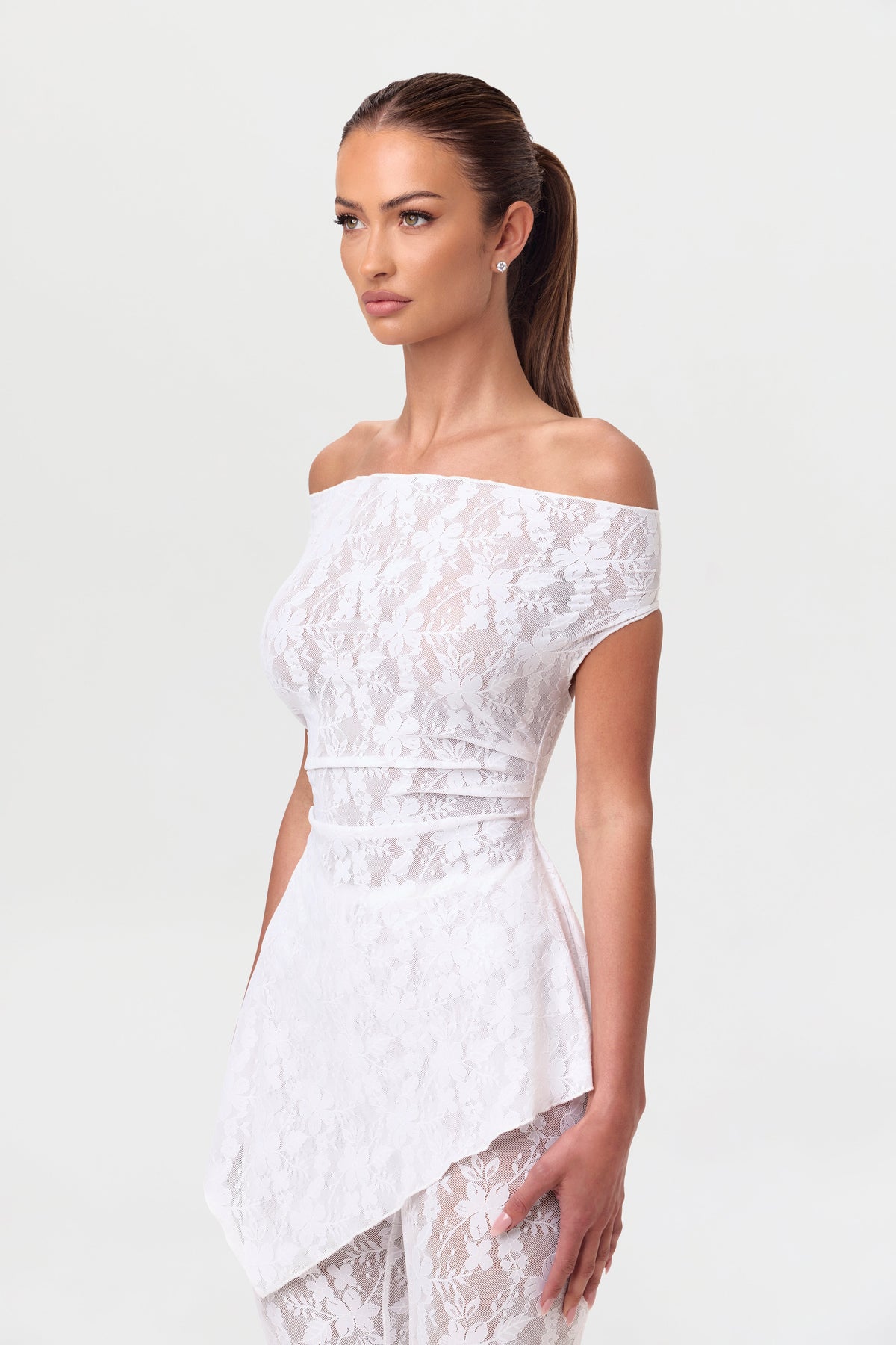 White Stretch Lace Off-Shoulder Top