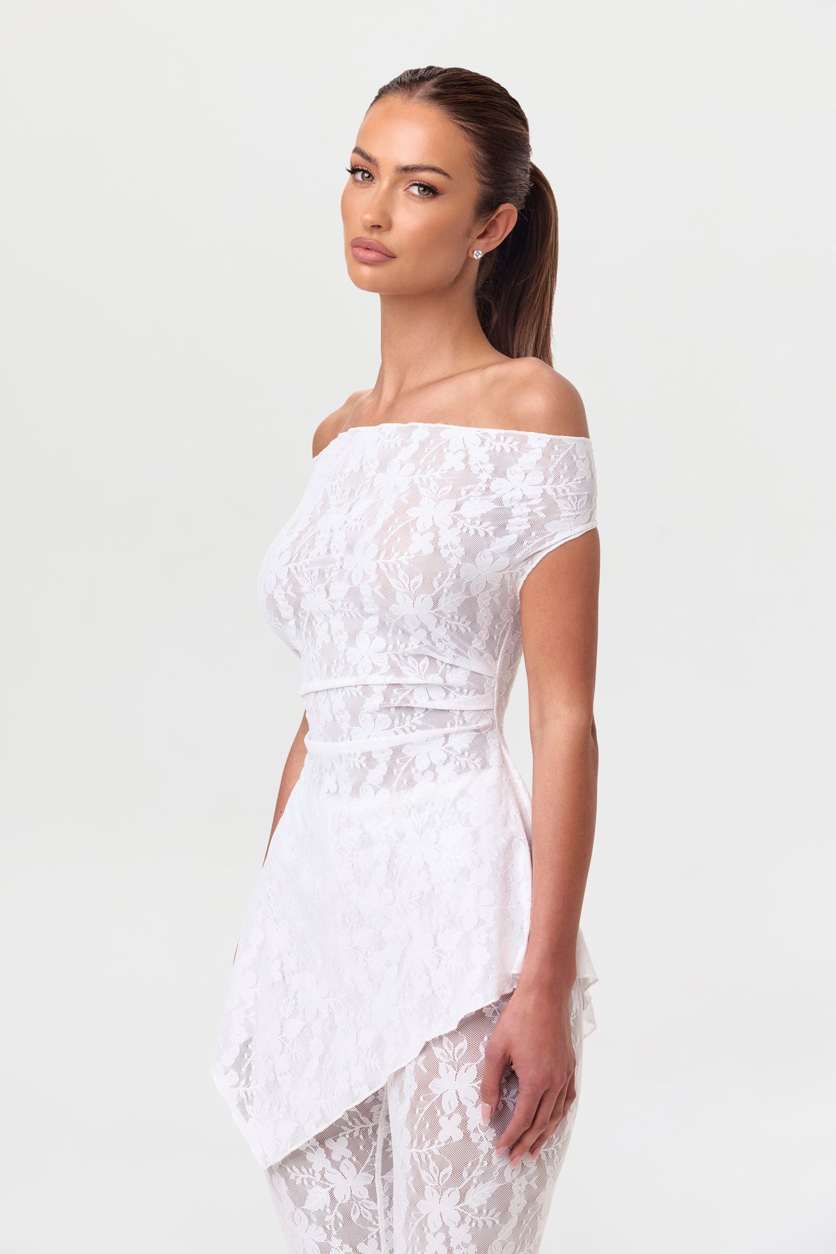 White Stretch Lace Off-Shoulder Top