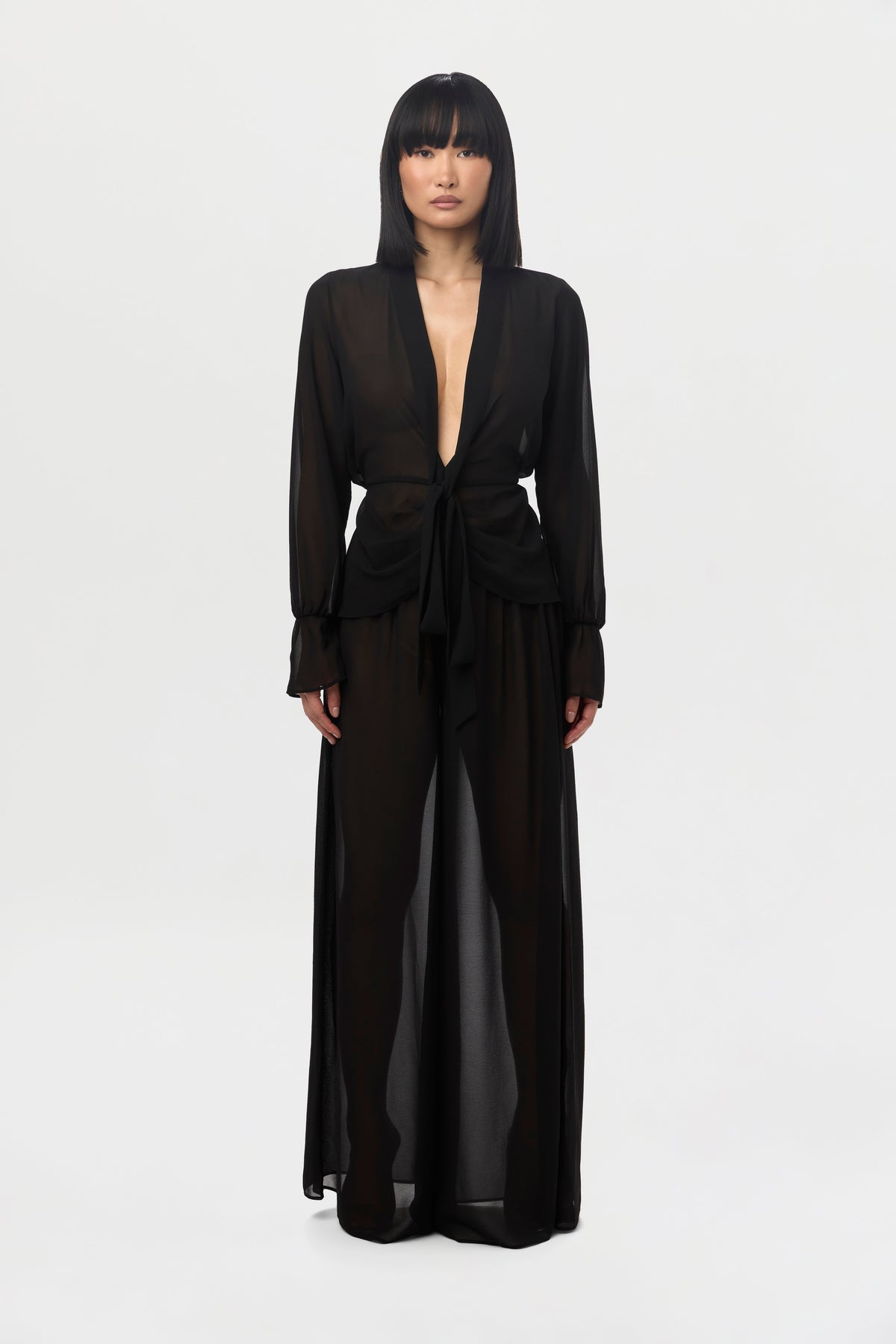 Black Chiffon Plunge Wrap Top