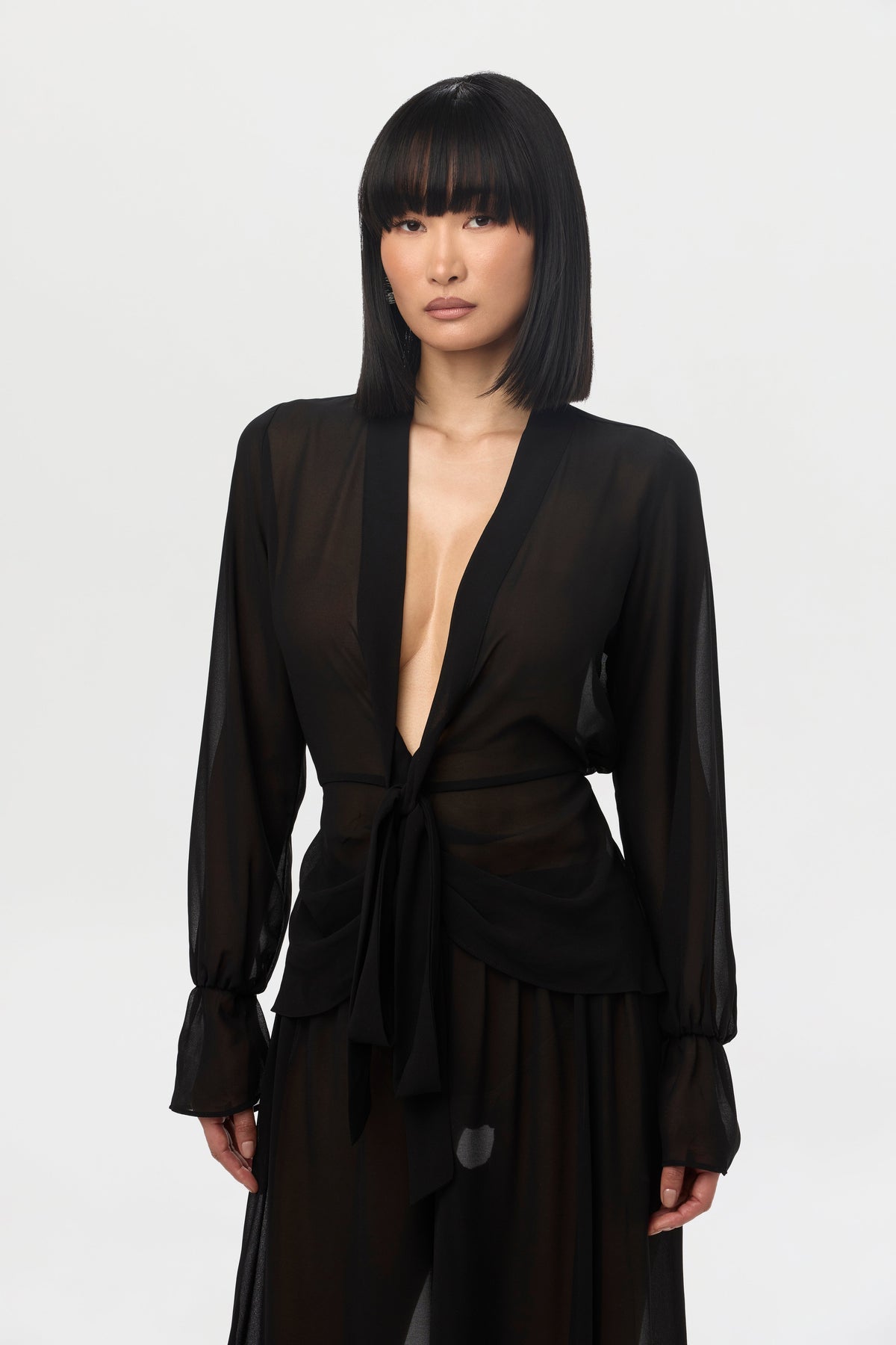 Black Chiffon Plunge Wrap Top