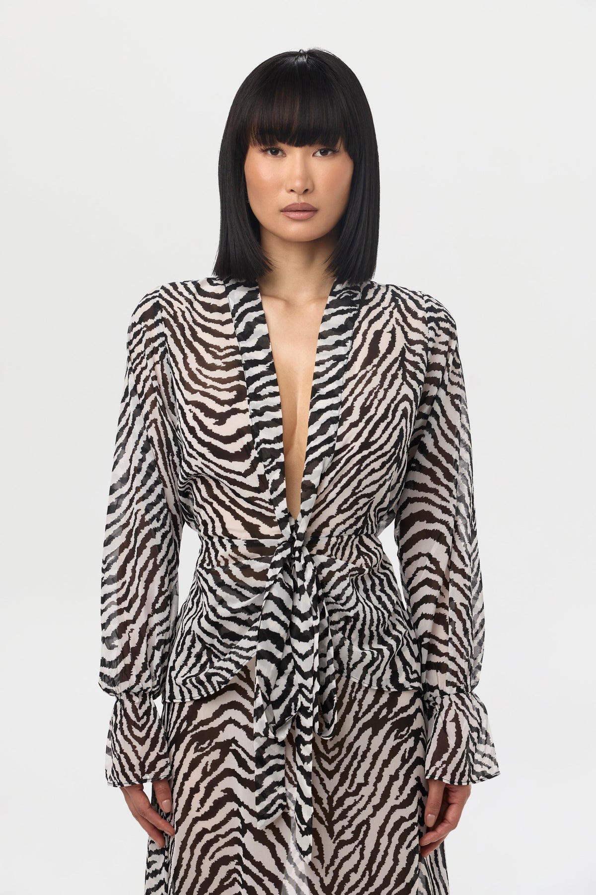 Zebra White/black Chiffon Plunge Wrap Top