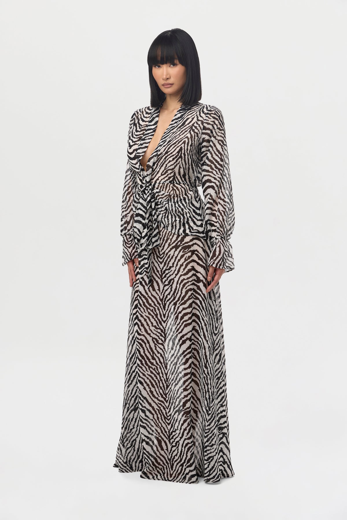 Zebra White Black Chiffon Maxi Skirt