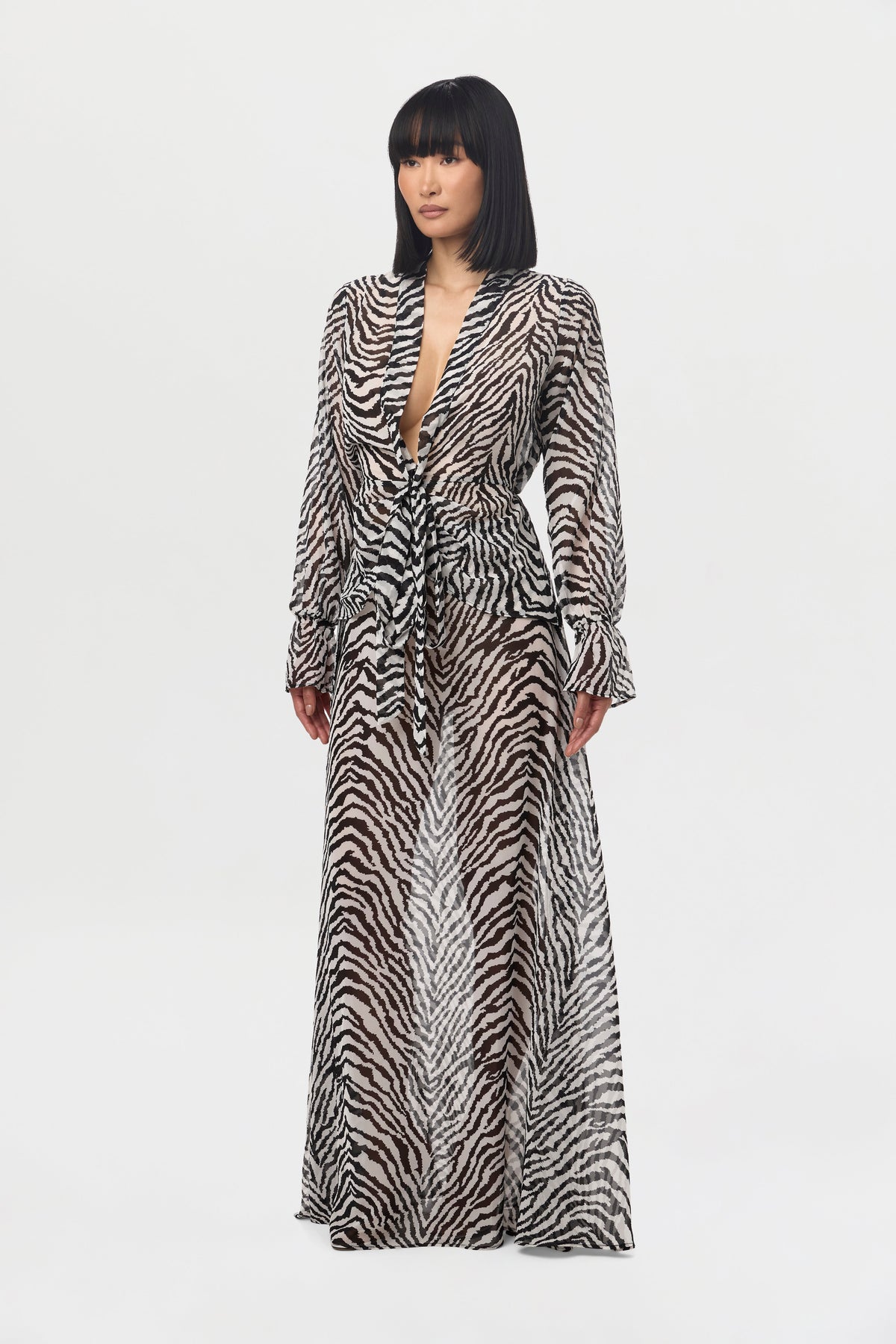 Zebra White/black Chiffon Plunge Wrap Top