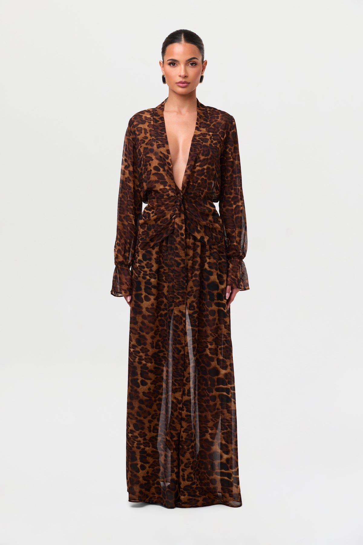 Leopard Chiffon Plunge Wrap Top