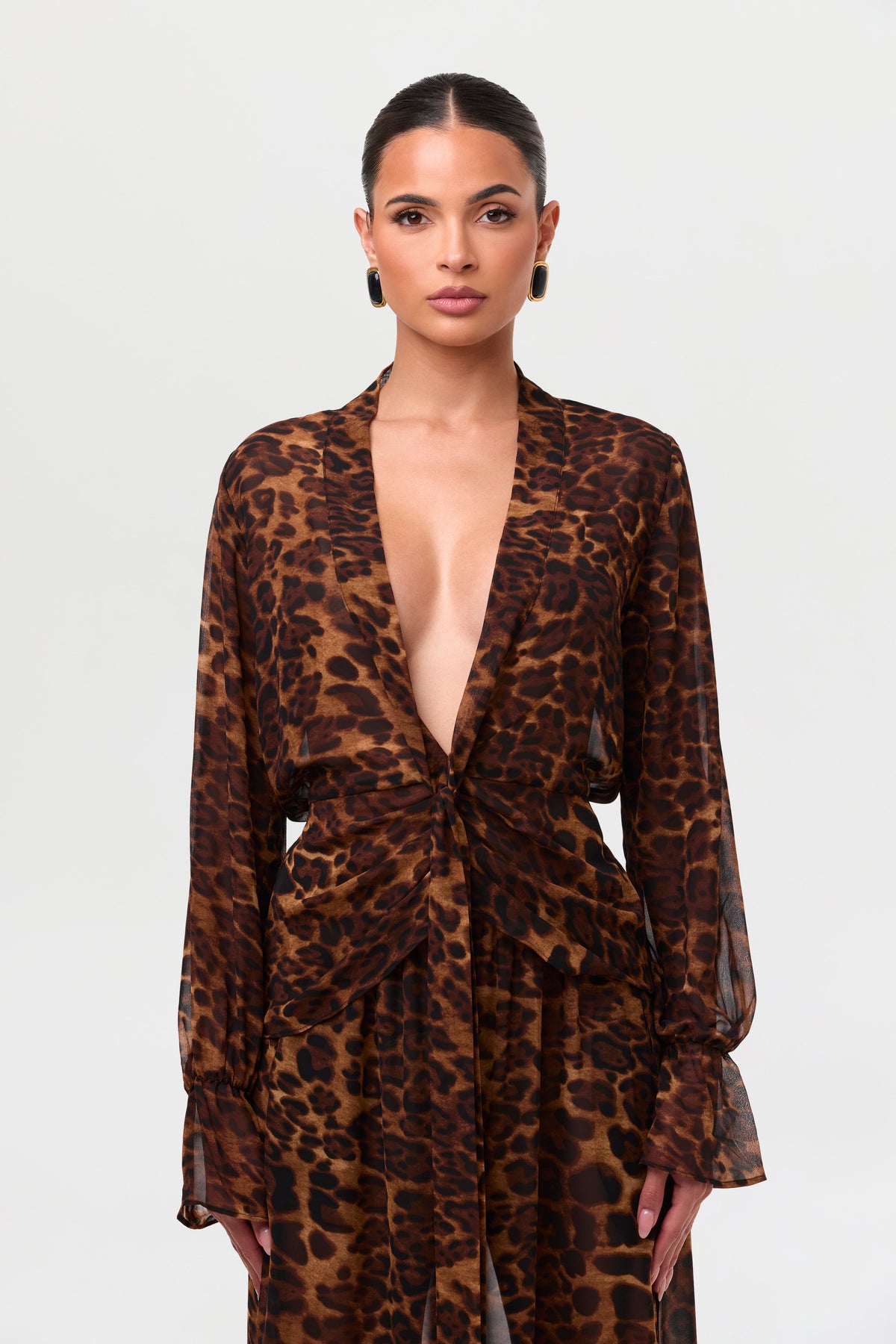 Leopard Chiffon Plunge Wrap Top