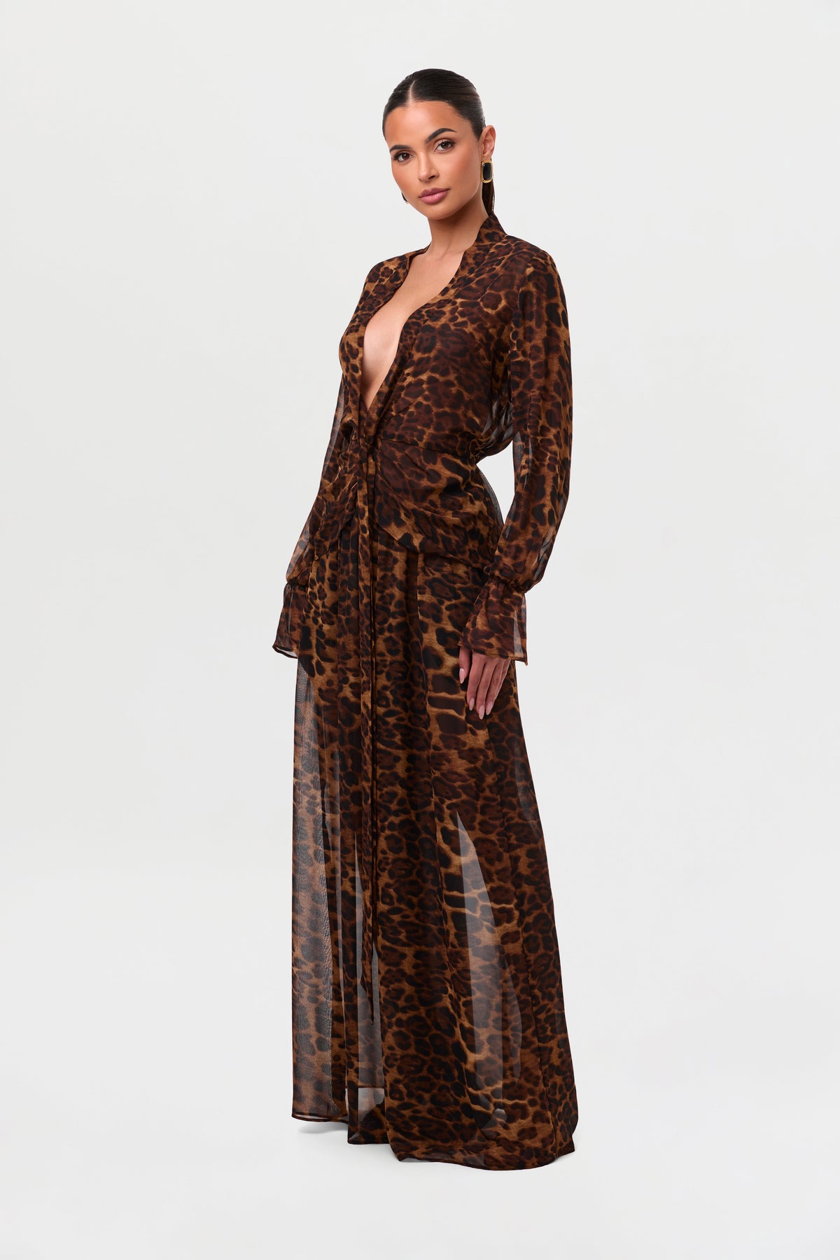 Leopard Chiffon Plunge Wrap Top