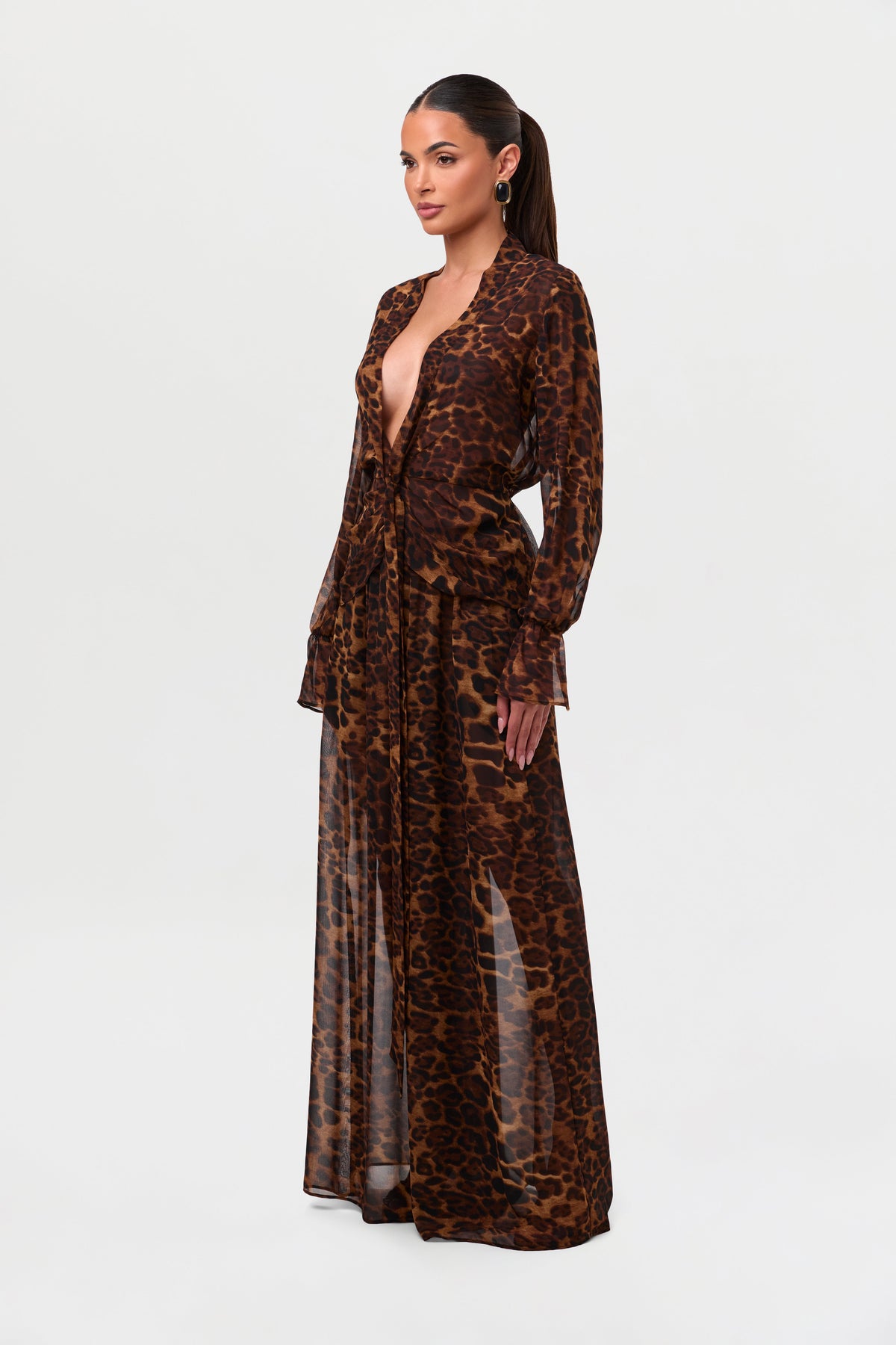 Leopard Chiffon Plunge Wrap Top