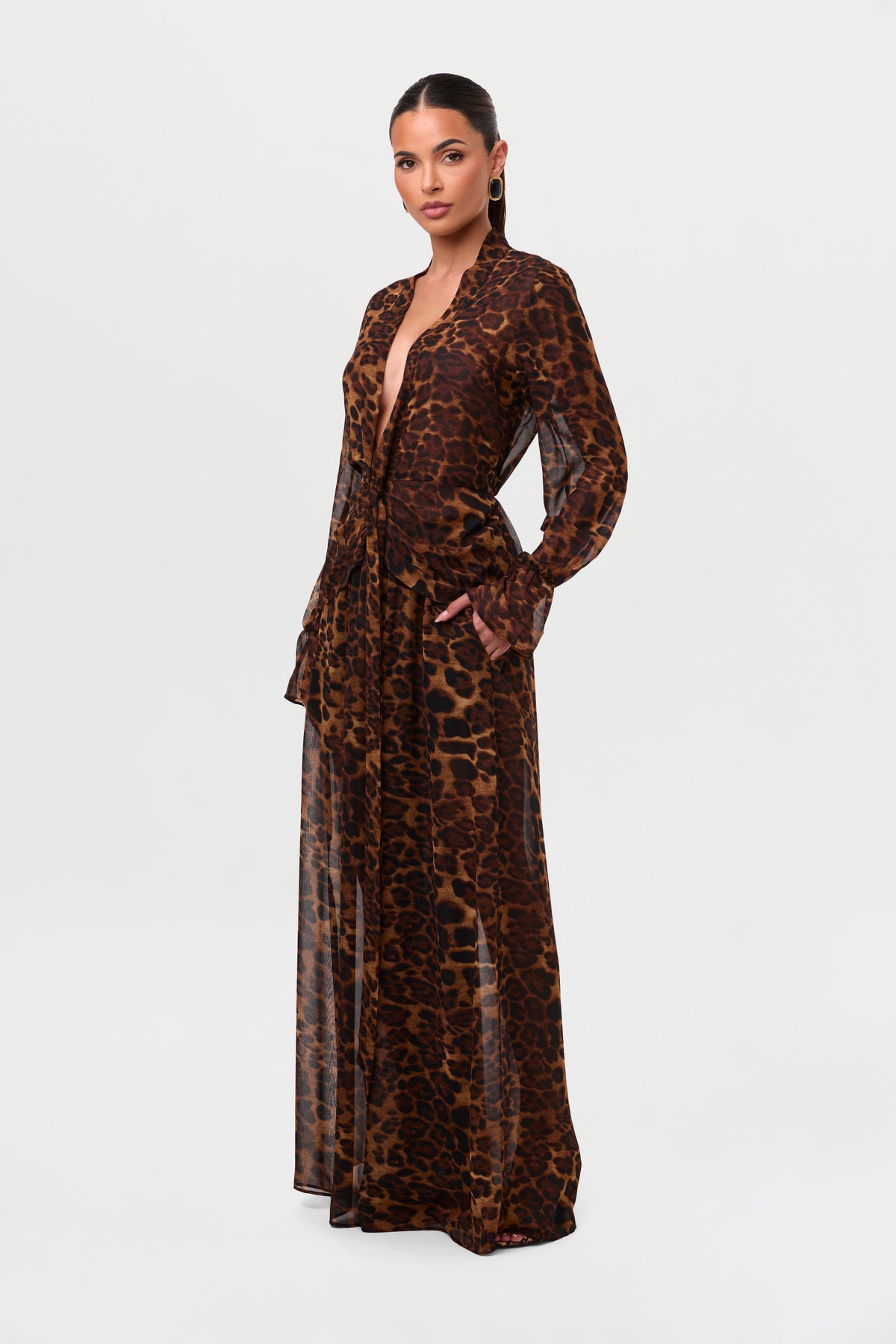 Leopard Chiffon Plunge Wrap Top