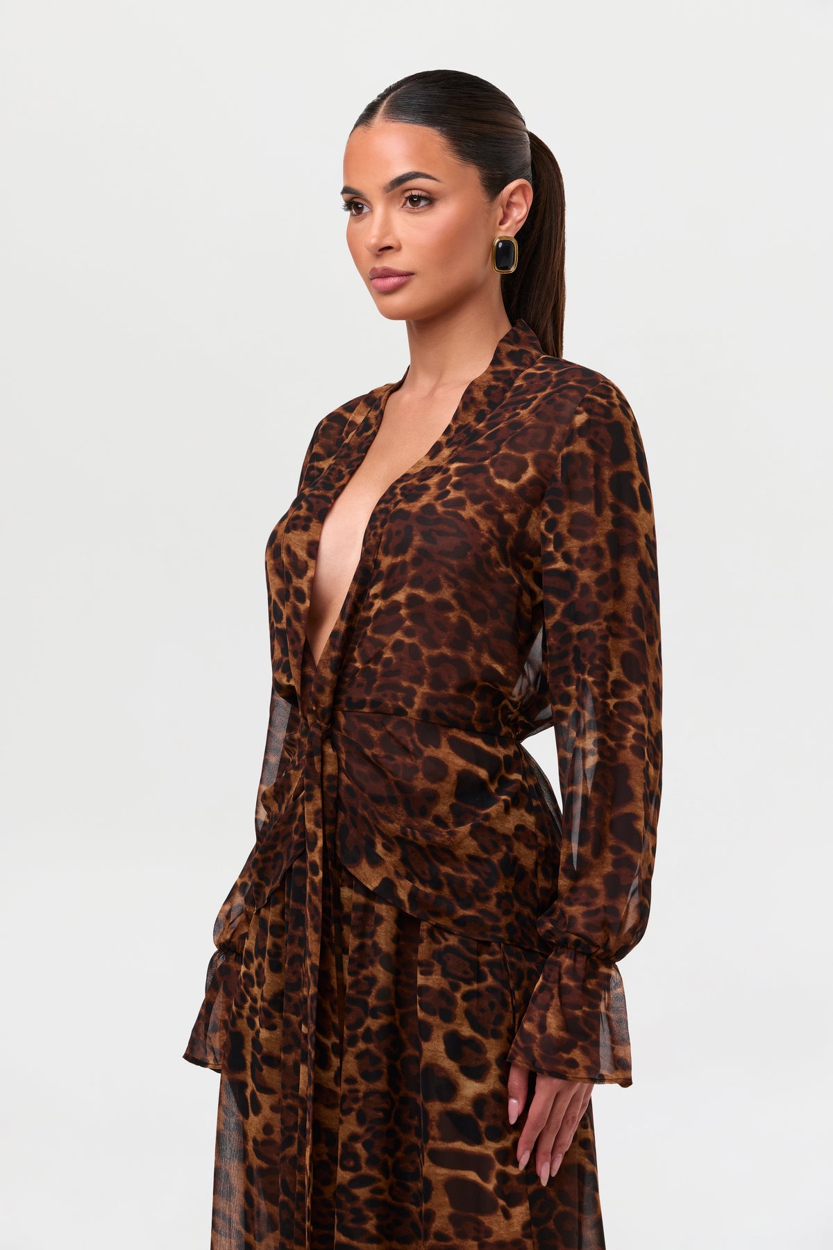 Leopard Chiffon Plunge Wrap Top