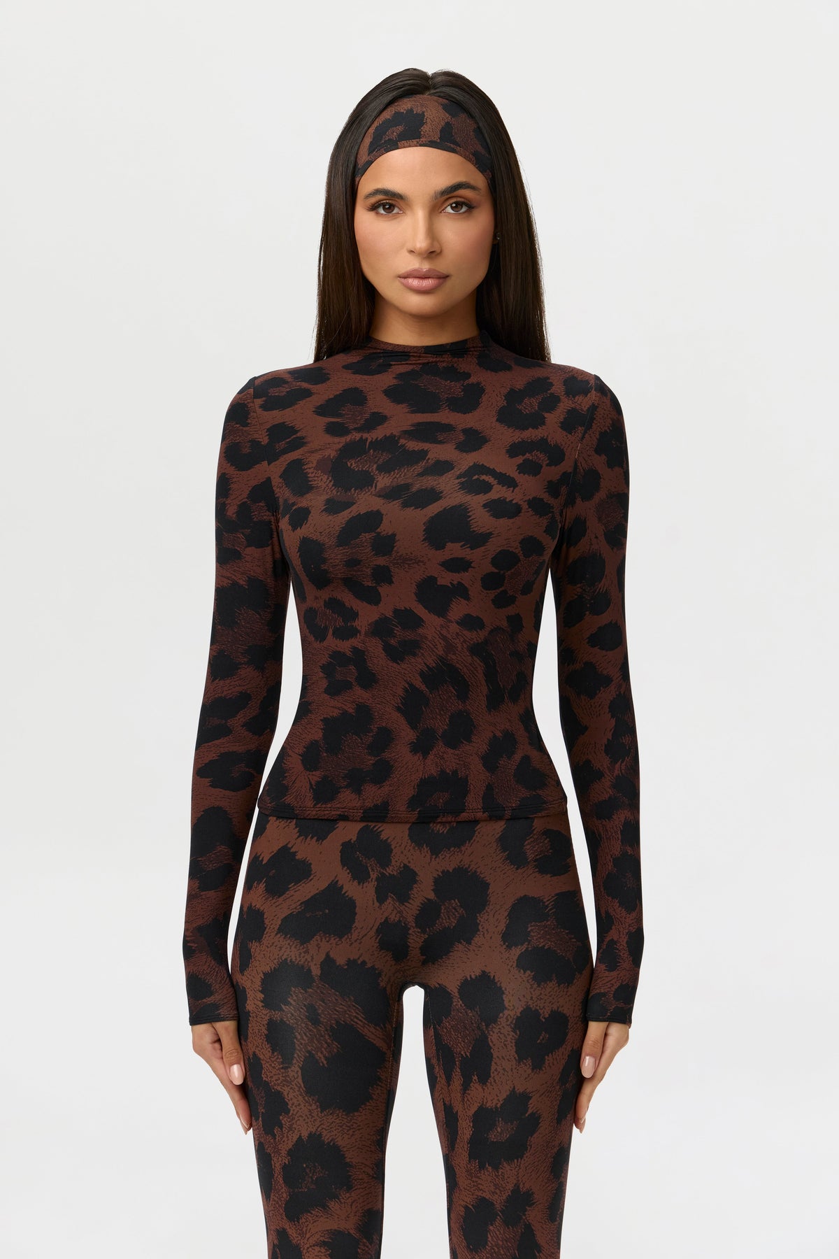 Dark Leopard Naked Print Mock Neck Top