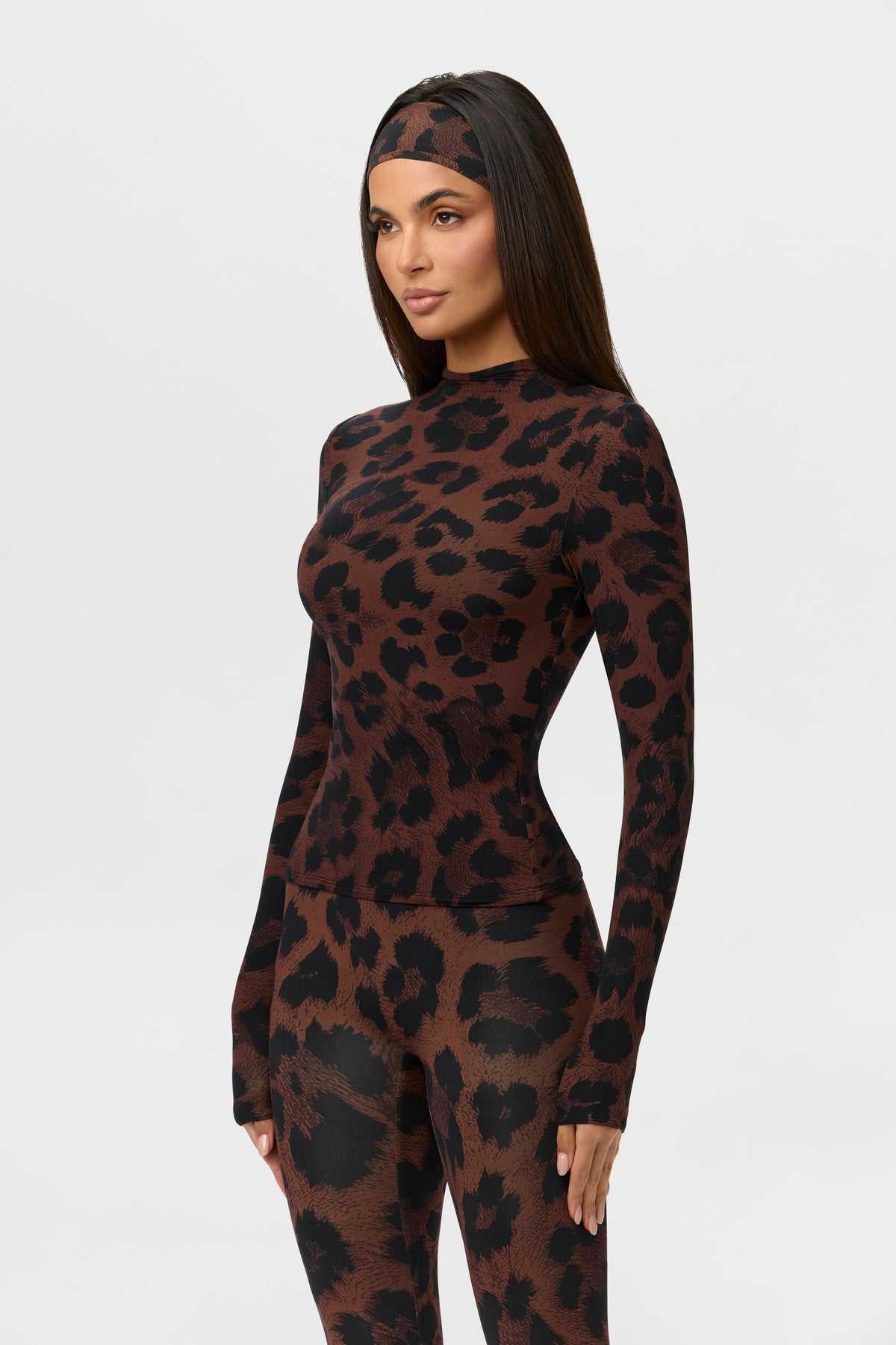 Dark Leopard Naked Print Mock Neck Top