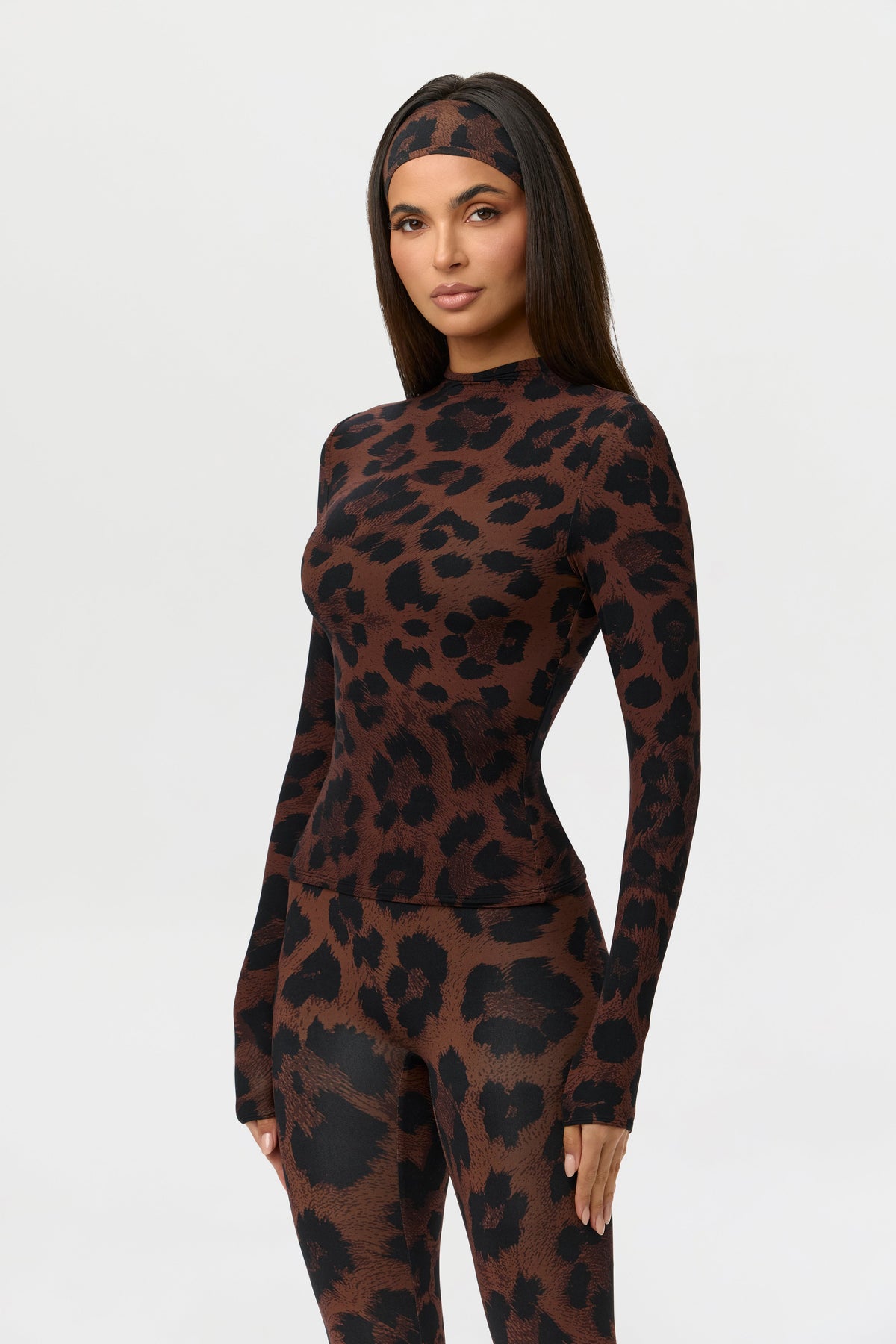 Dark Leopard Naked Print Mock Neck Top