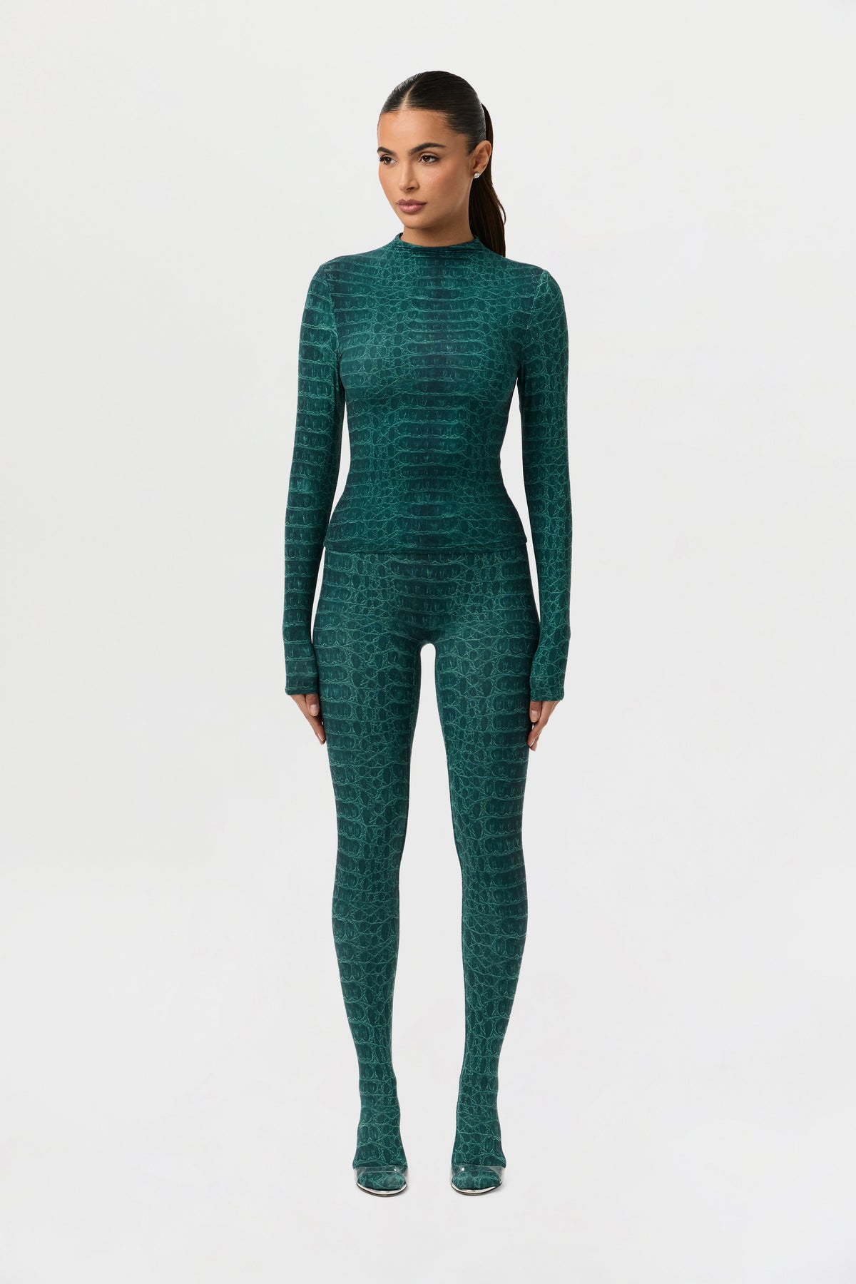 Emerald Croc Naked Print Mock Neck Top