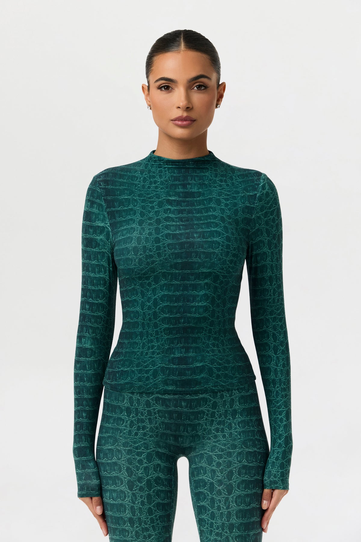 Emerald Croc Naked Print Mock Neck Top