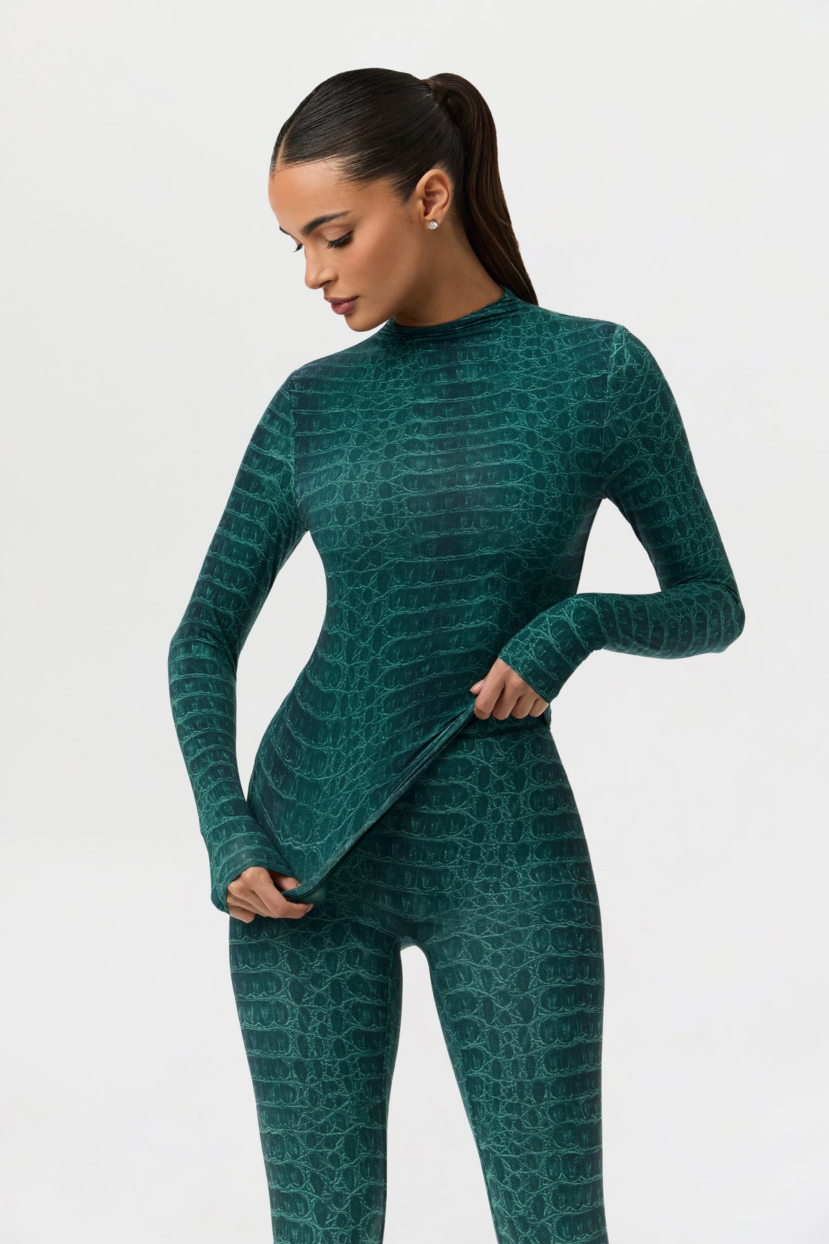 Emerald Croc Naked Print Mock Neck Top
