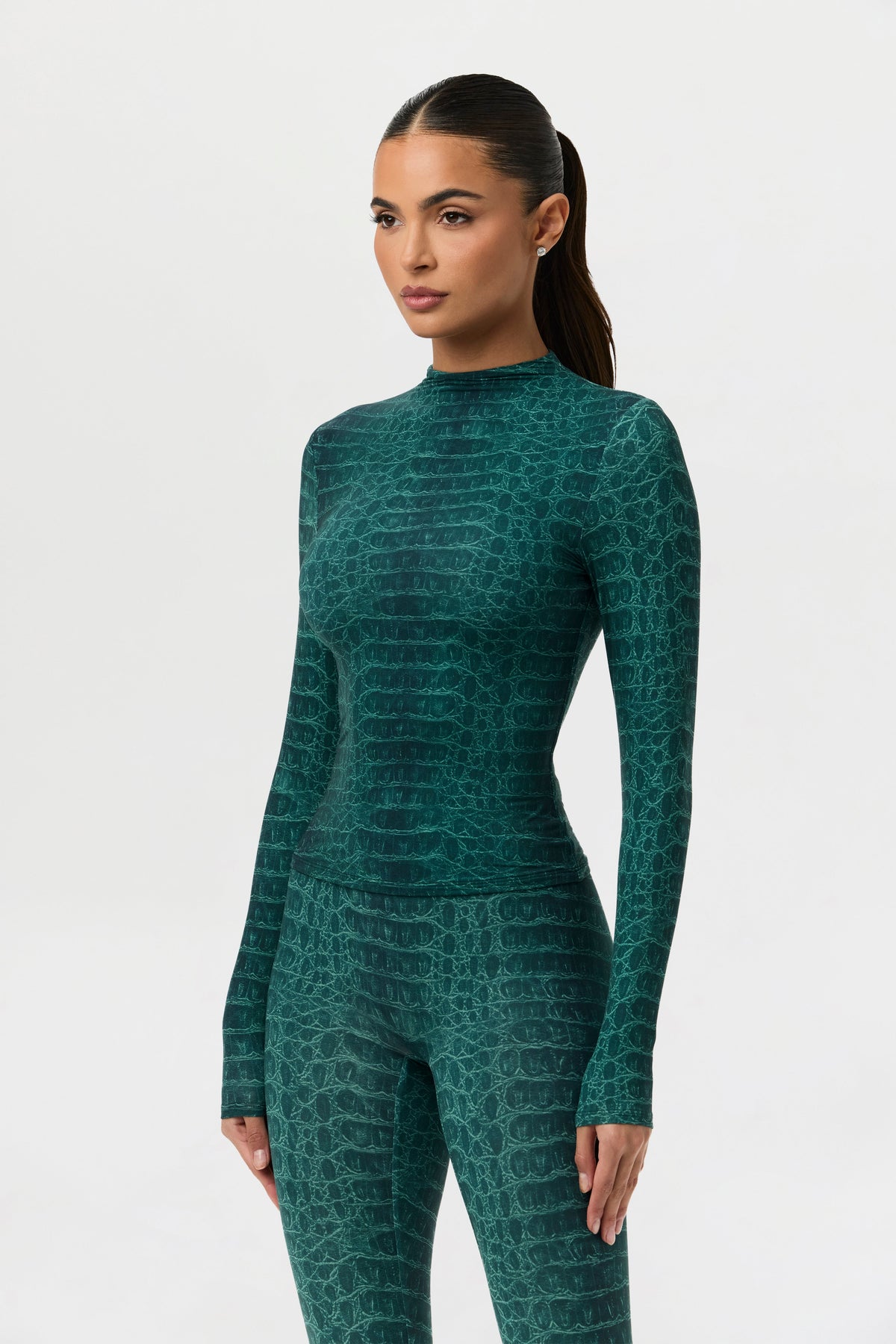 Emerald Croc Naked Print Mock Neck Top