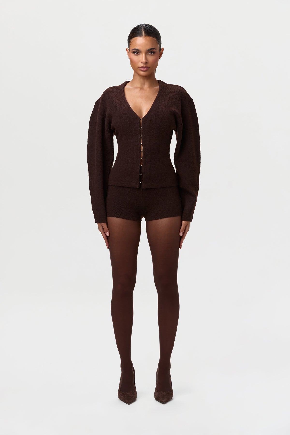 Dark Chocolate Knit Long Sleeve V-Neck Cardigan