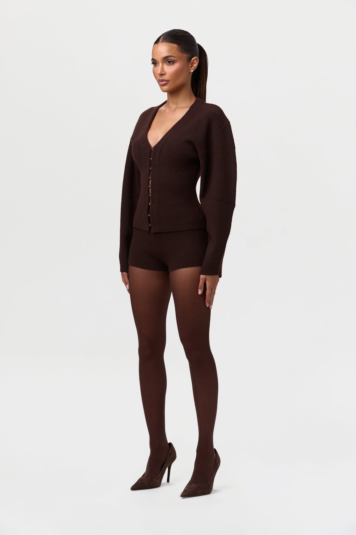 Dark Chocolate Knit Long Sleeve V-Neck Cardigan