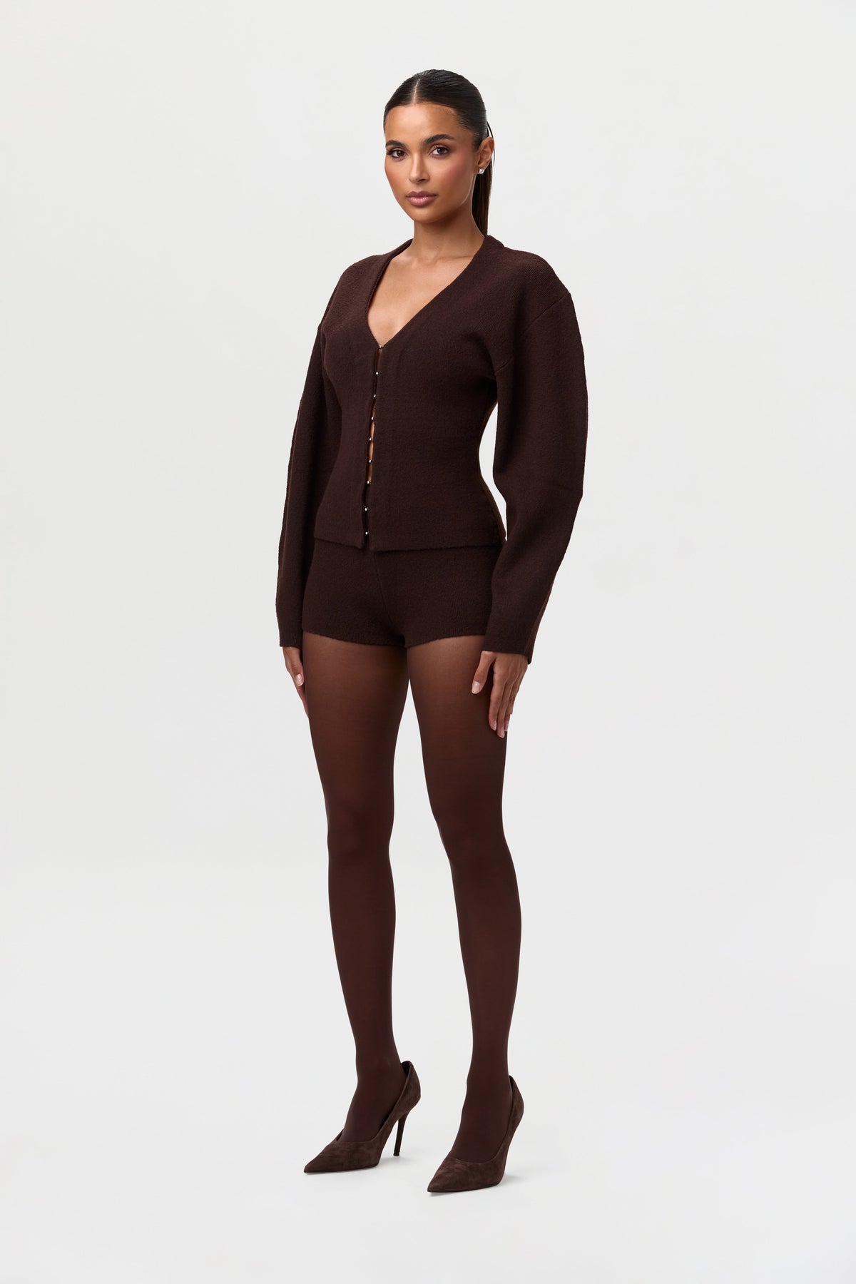 Dark Chocolate Knit Long Sleeve V-Neck Cardigan