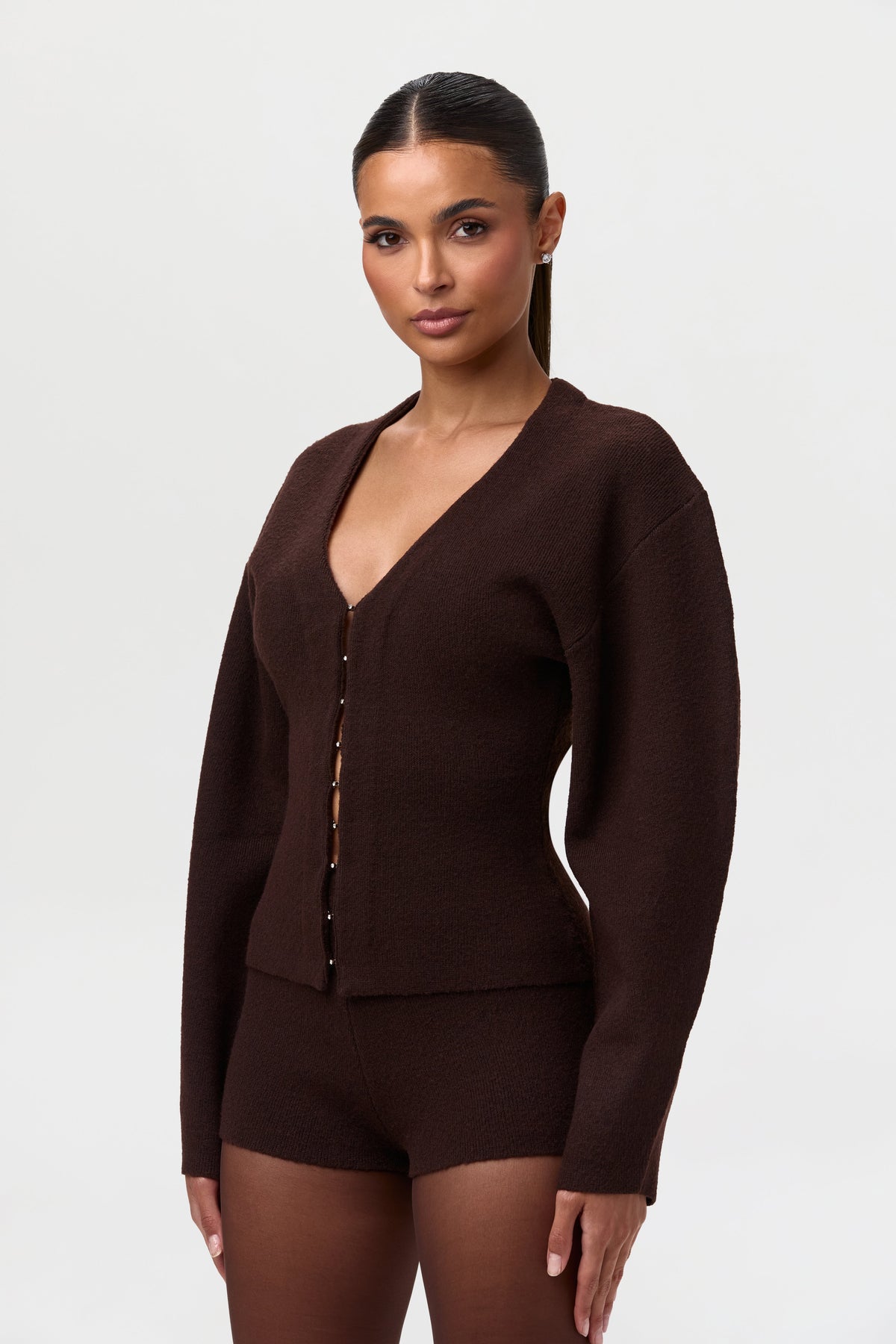 Dark Chocolate Knit Long Sleeve V-Neck Cardigan
