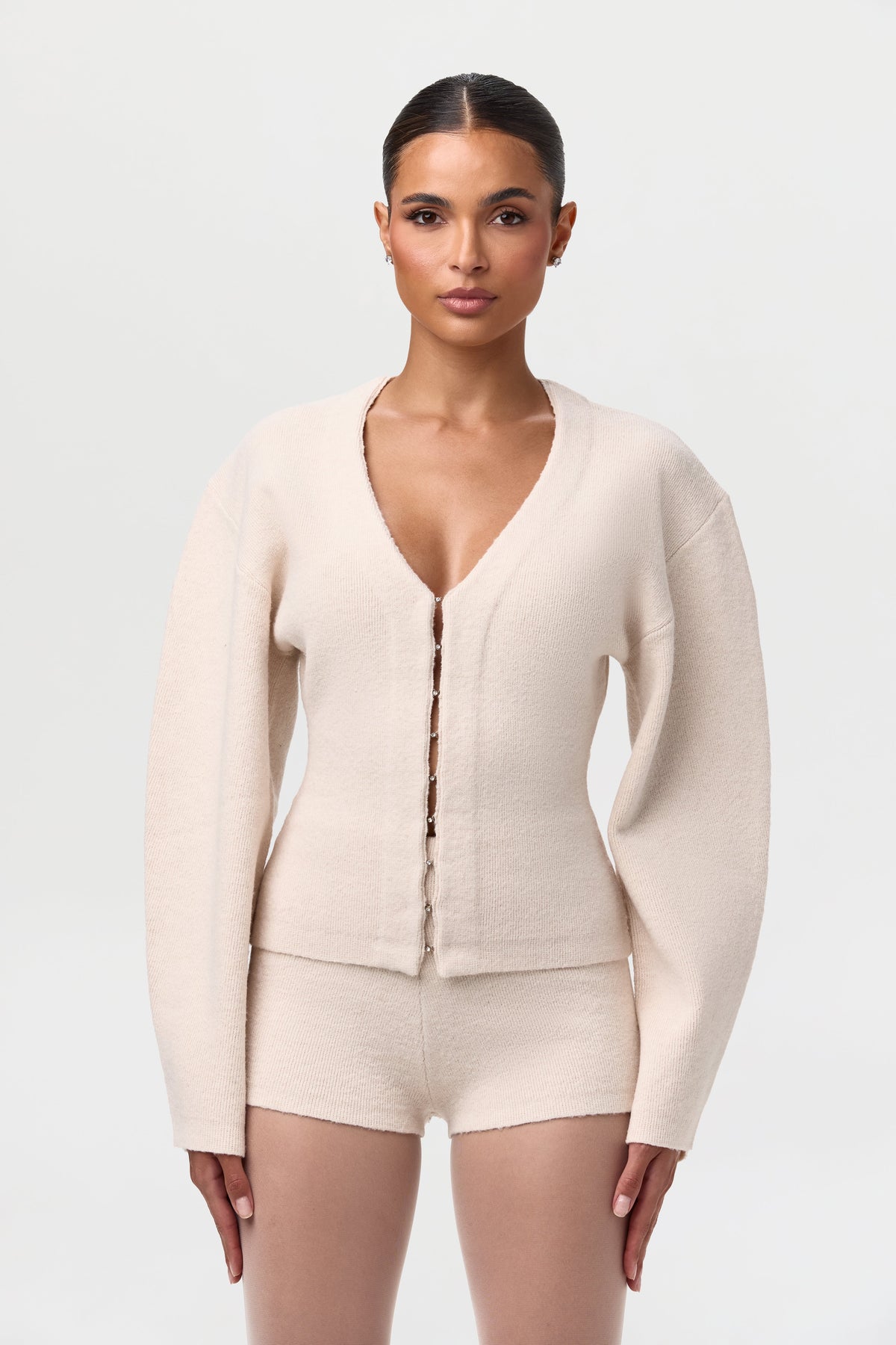 Bone Knit Long Sleeve V-Neck Cardigan