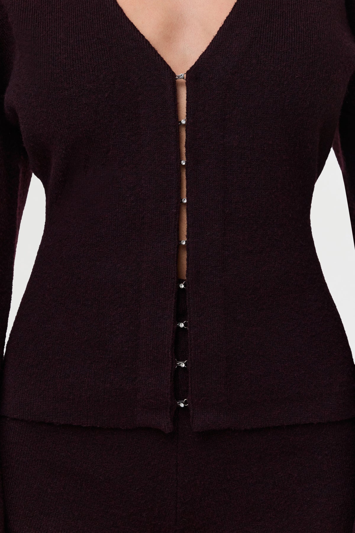 Dark Plum Knit Long Sleeve V-Neck Cardigan
