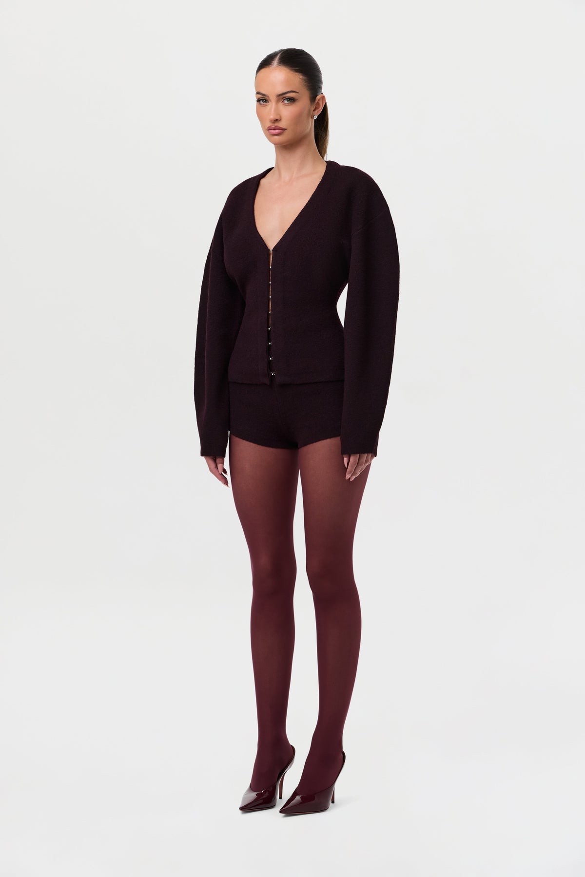 Dark Plum Knit Long Sleeve V-Neck Cardigan