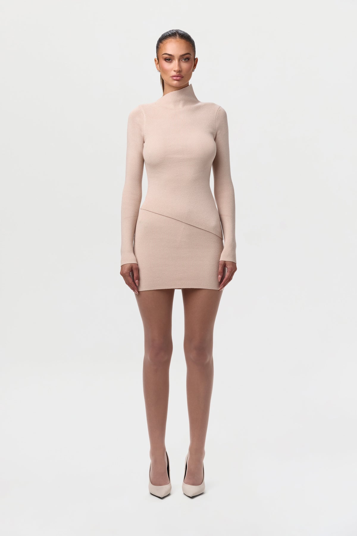Taupe Ribbed-Knit Mini Skirt