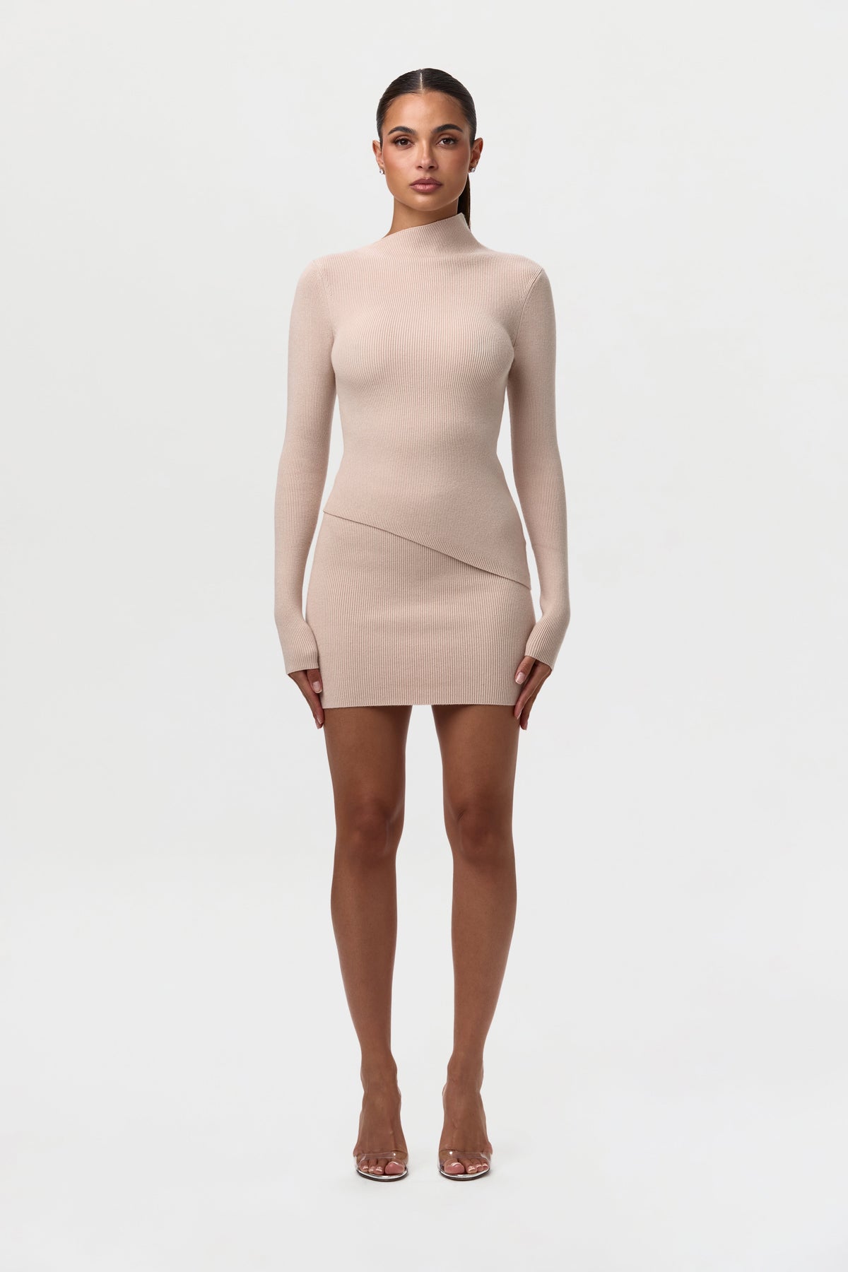 Taupe Ribbed-Knit Mini Skirt