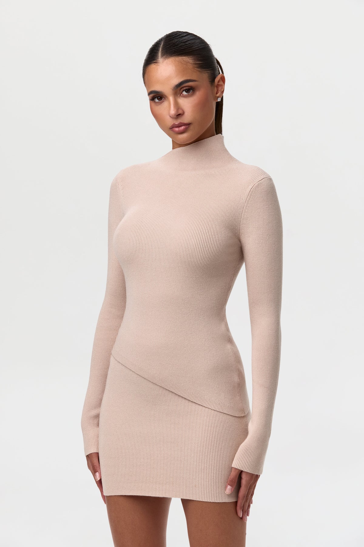 Taupe Ribbed-Knit Mini Skirt