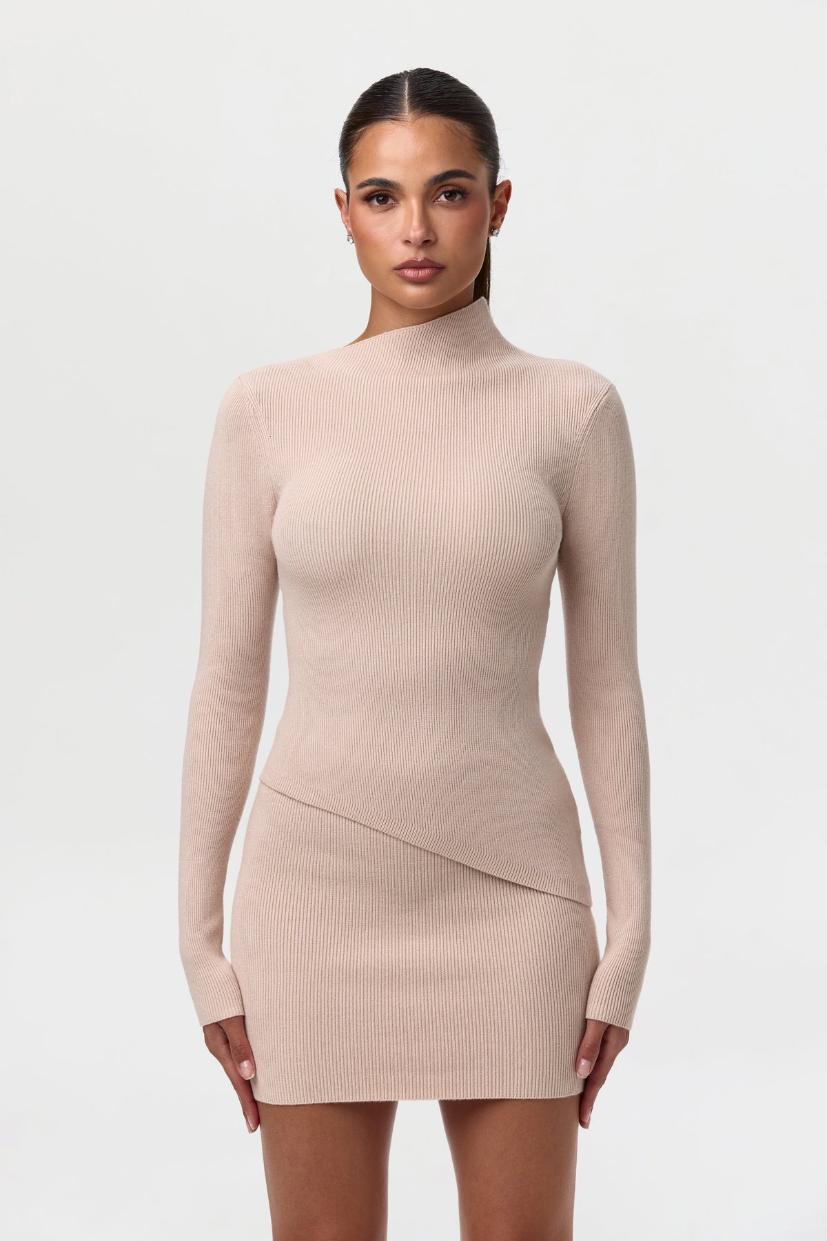 Taupe Ribbed-Knit Mini Skirt
