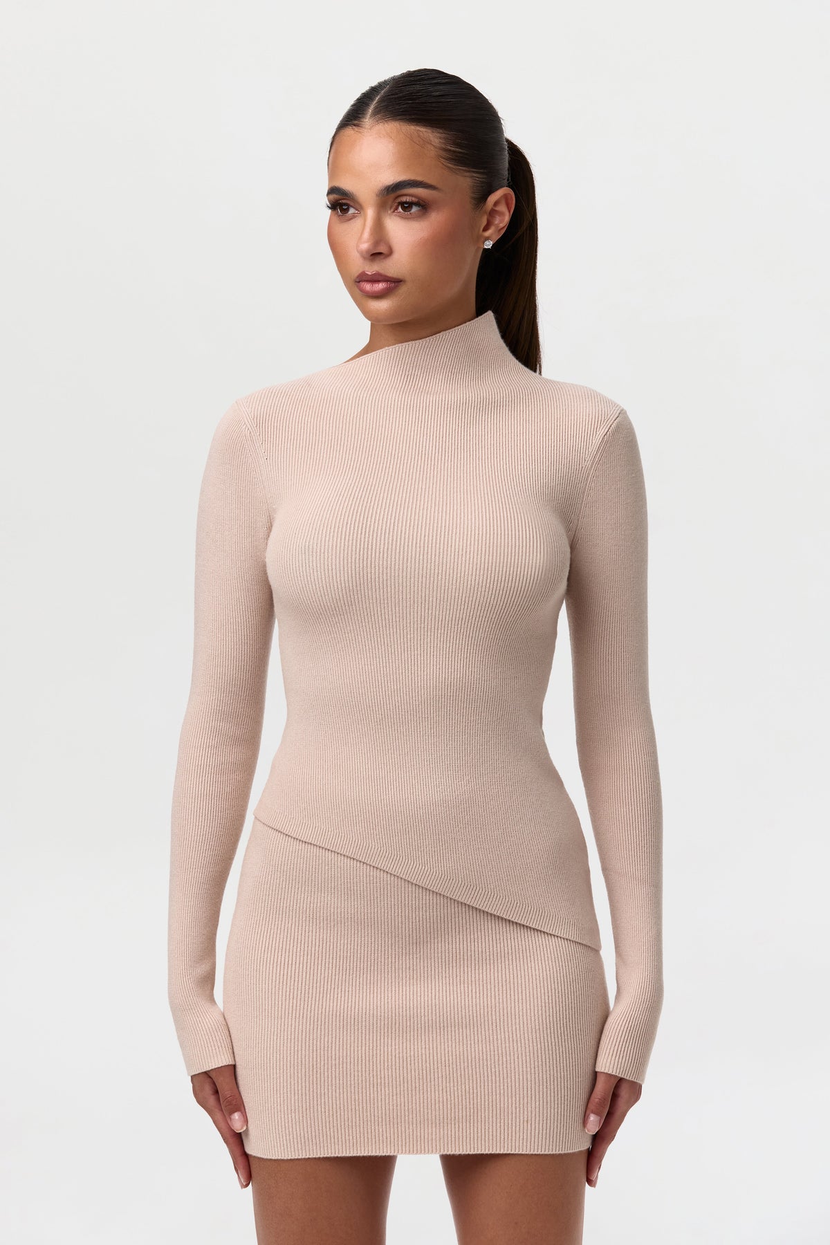 Taupe Ribbed-Knit Asymmetric Top