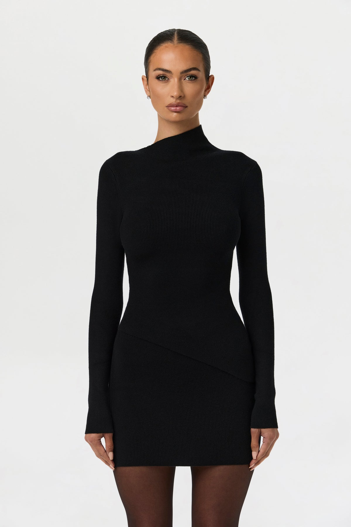 Black Ribbed-Knit Asymmetric Top