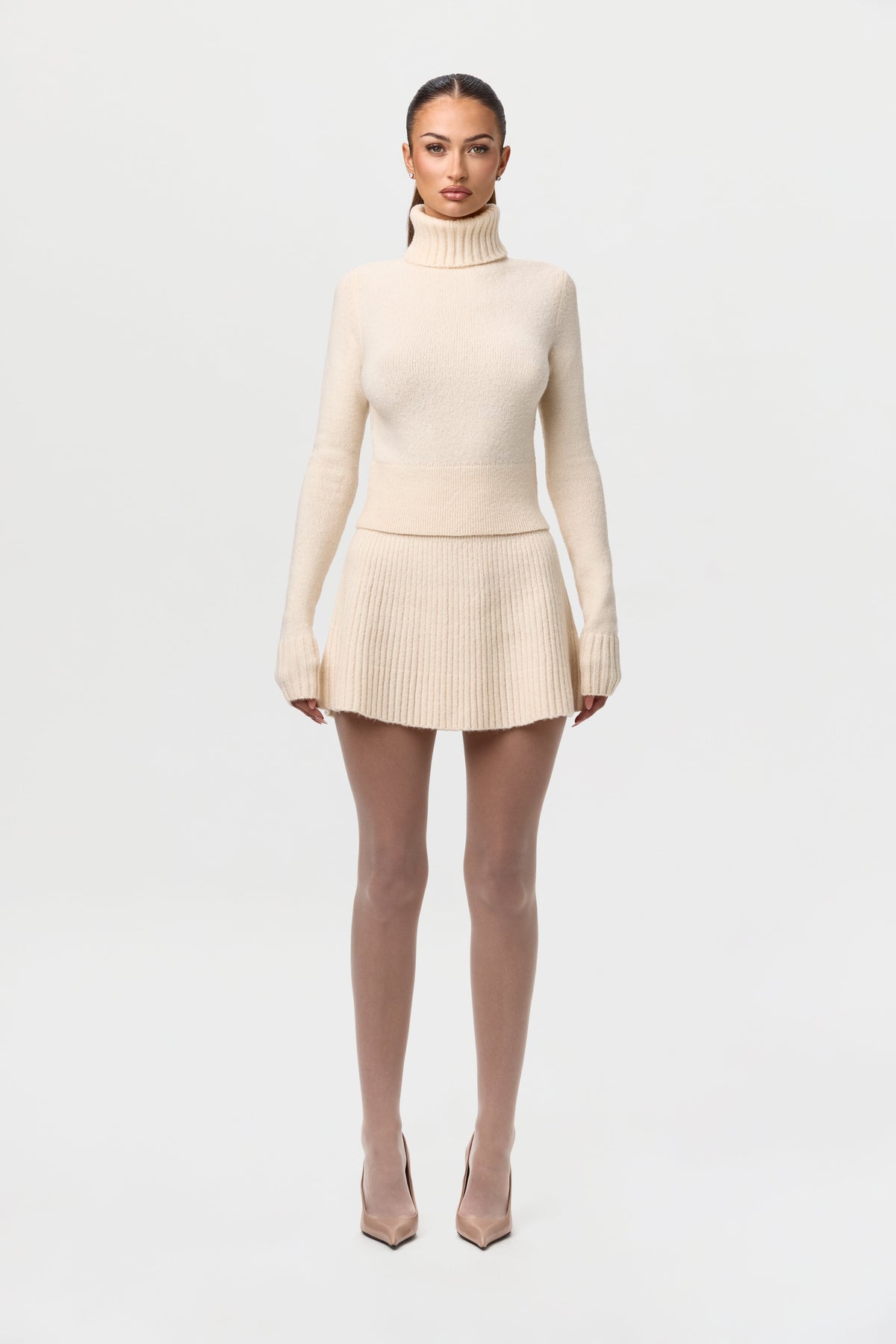 Ivory Knit Ribbed A-Line Mini Skirt