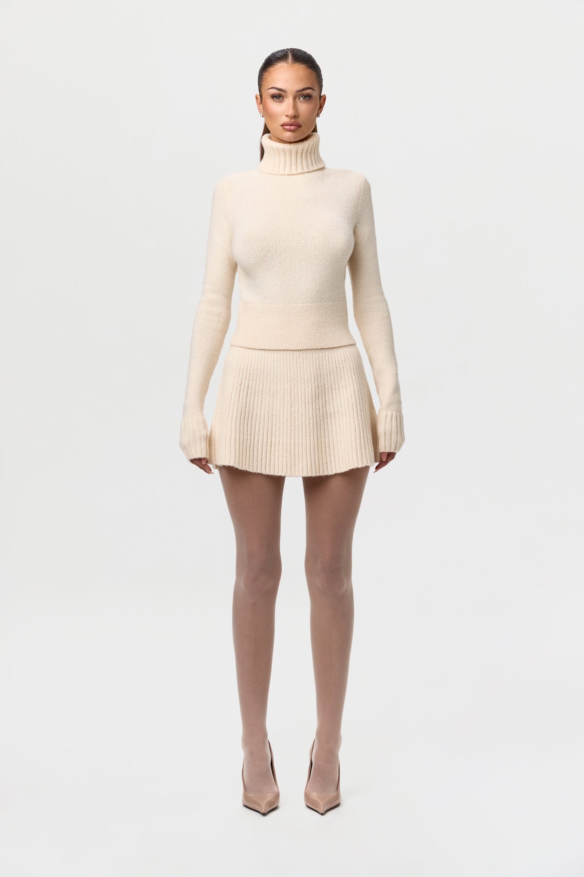 Ivory Knit Ribbed Turtleneck Sweater