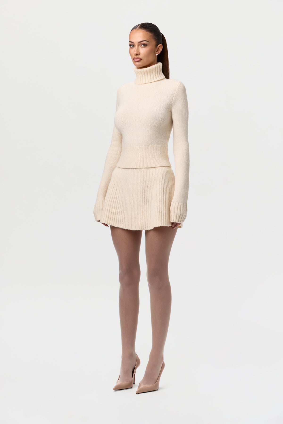 Ivory Knit Ribbed Turtleneck Sweater