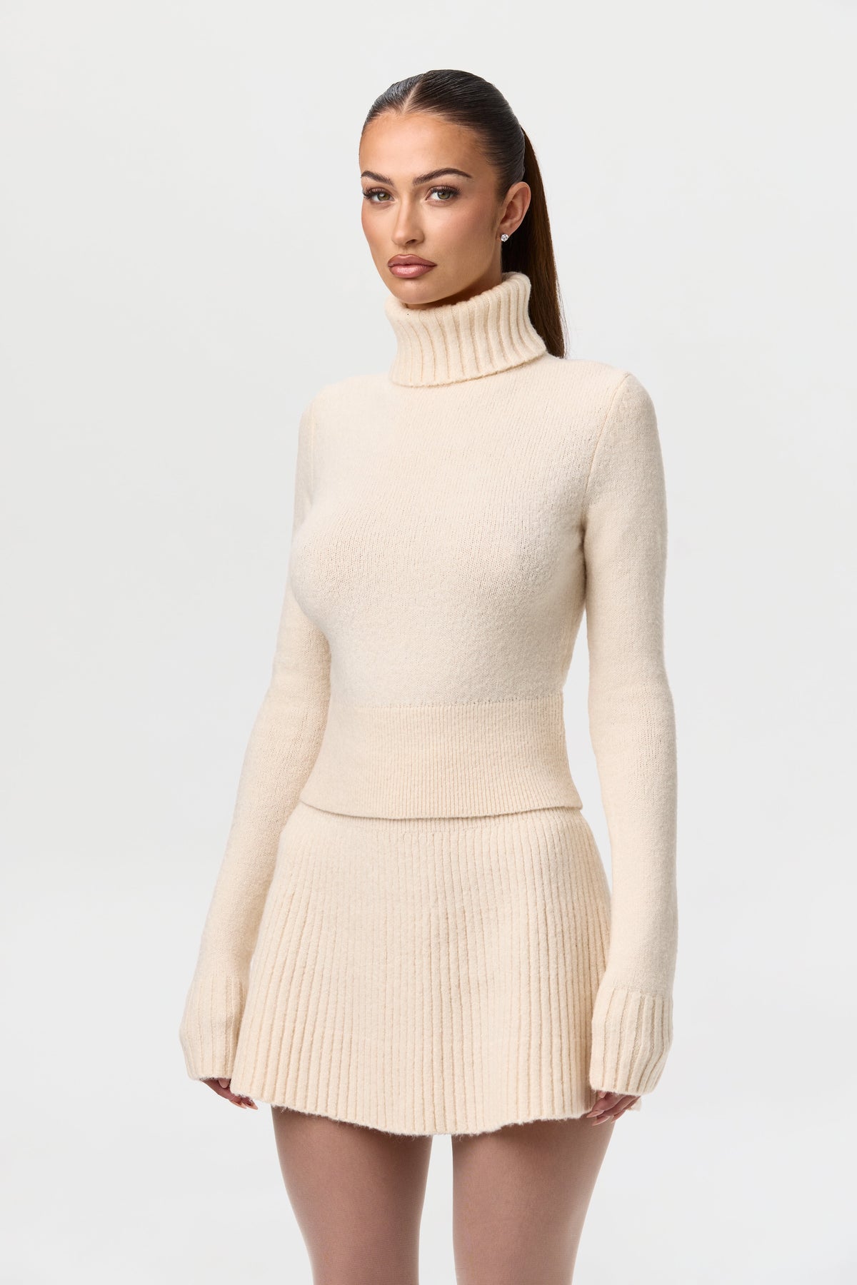 Ivory Knit Ribbed A-Line Mini Skirt
