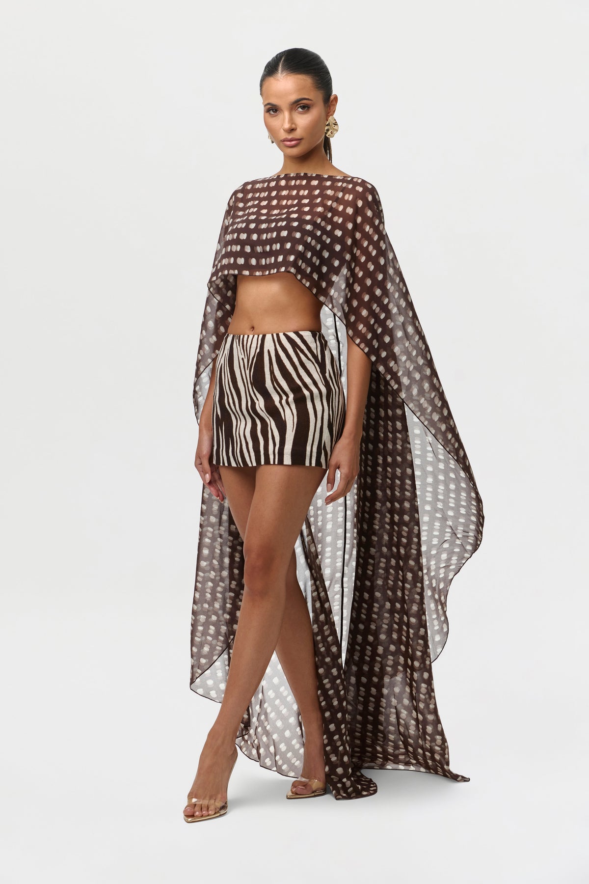 Polka Dot Illusion Chiffon Print Cape Crop Top